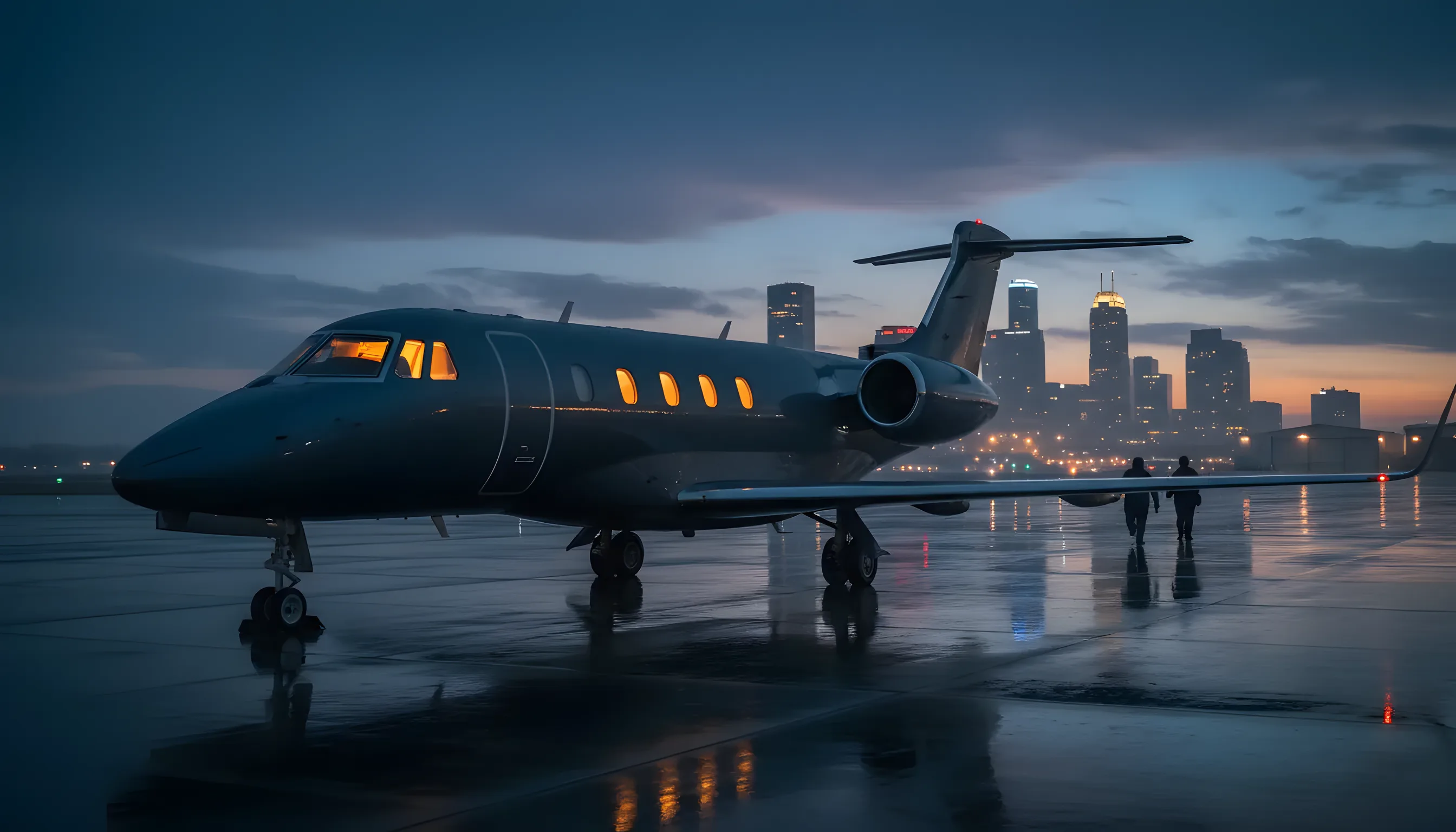 A private jet on an airport tarmac at dusk with the Indianapolis skyline in the distance.