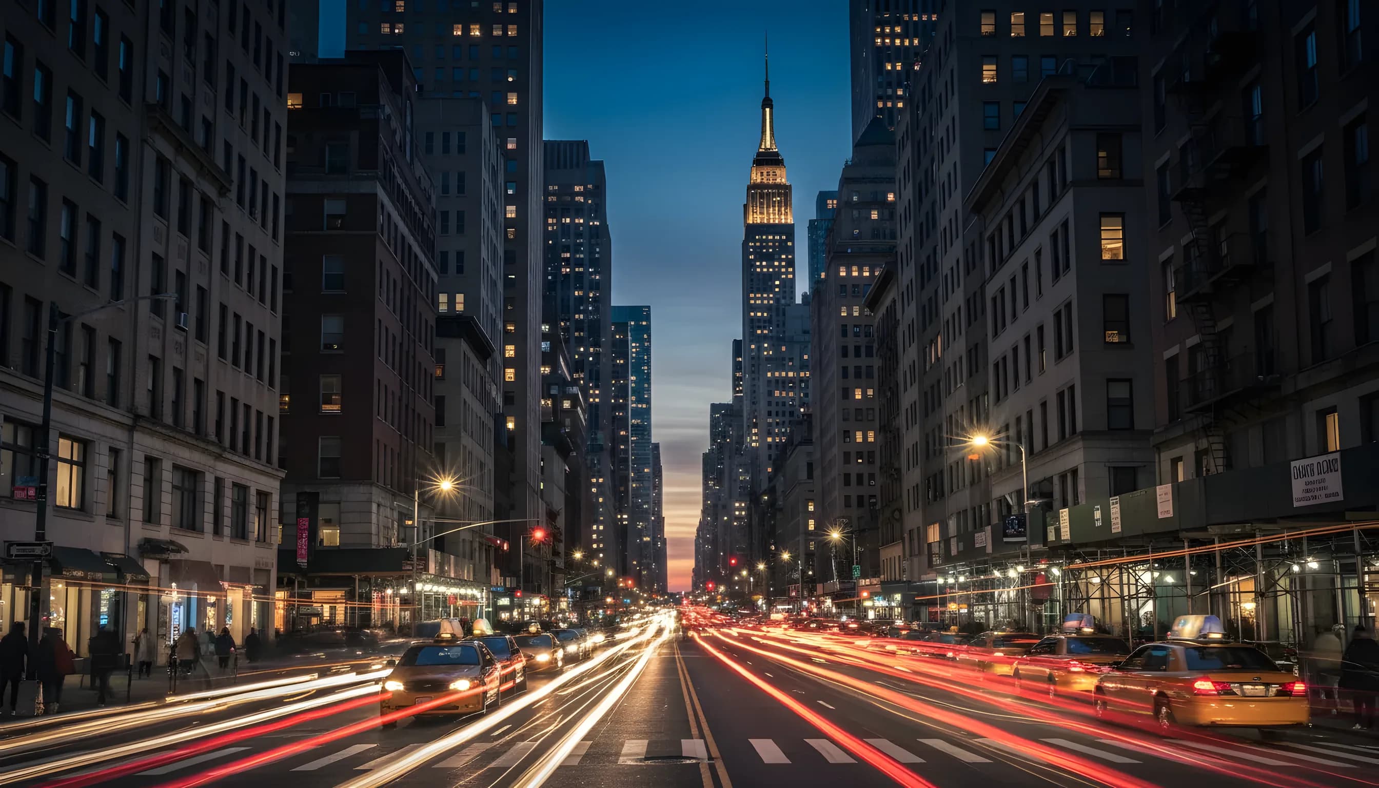 Light trails from yellow taxis and cars on a busy New York City street at dusk, with a glowing skyline in the background.