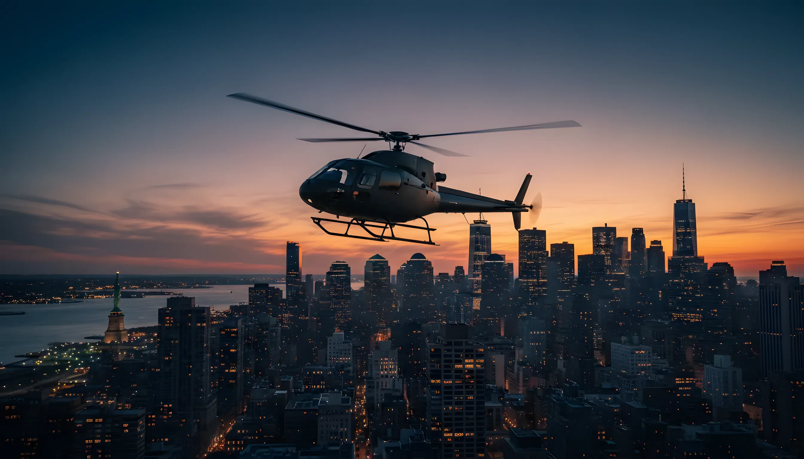 A helicopter flies over the Lower Manhattan skyline at dusk.