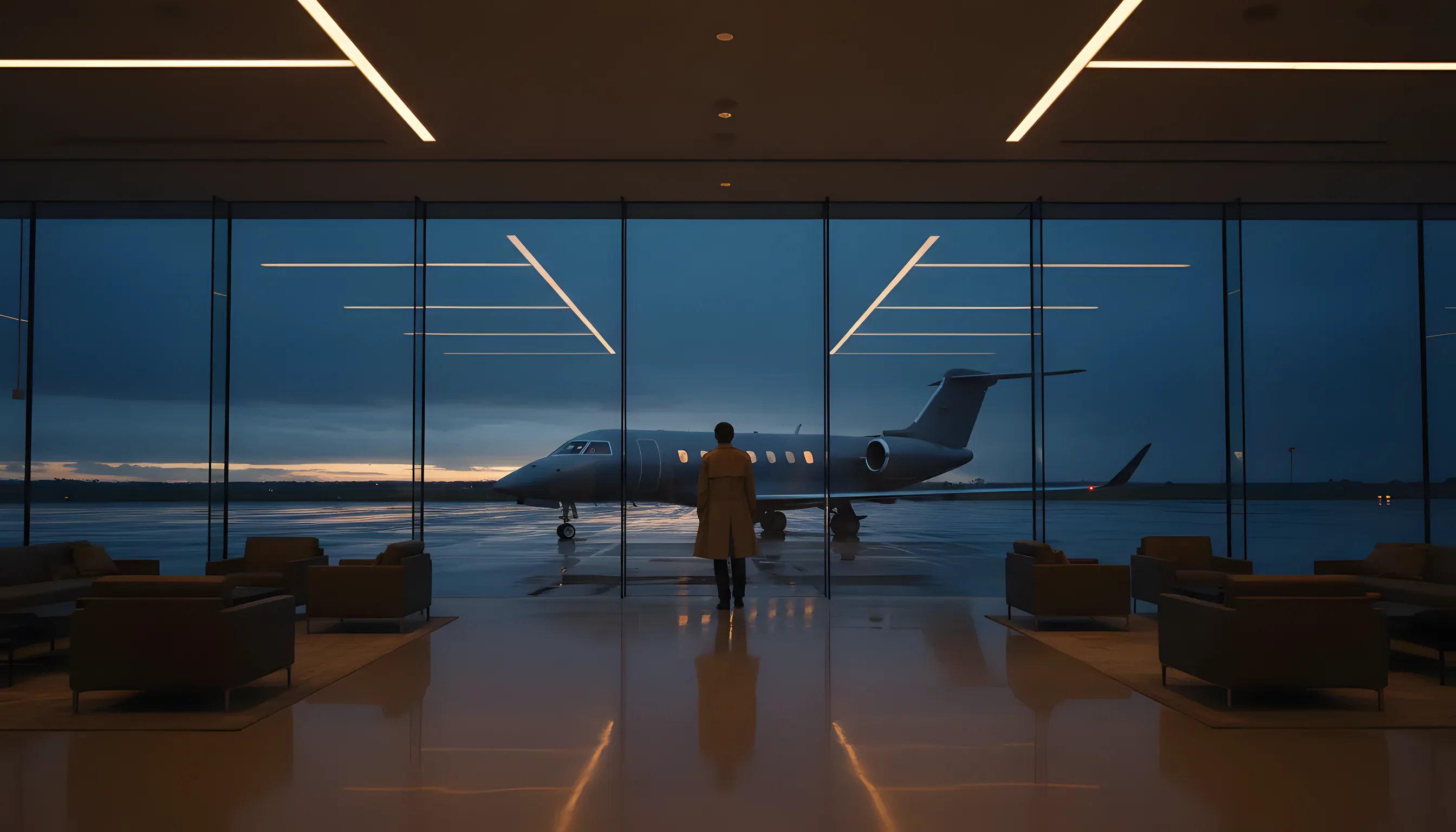 A person looks out from a terminal window at a private jet on the tarmac at dusk.