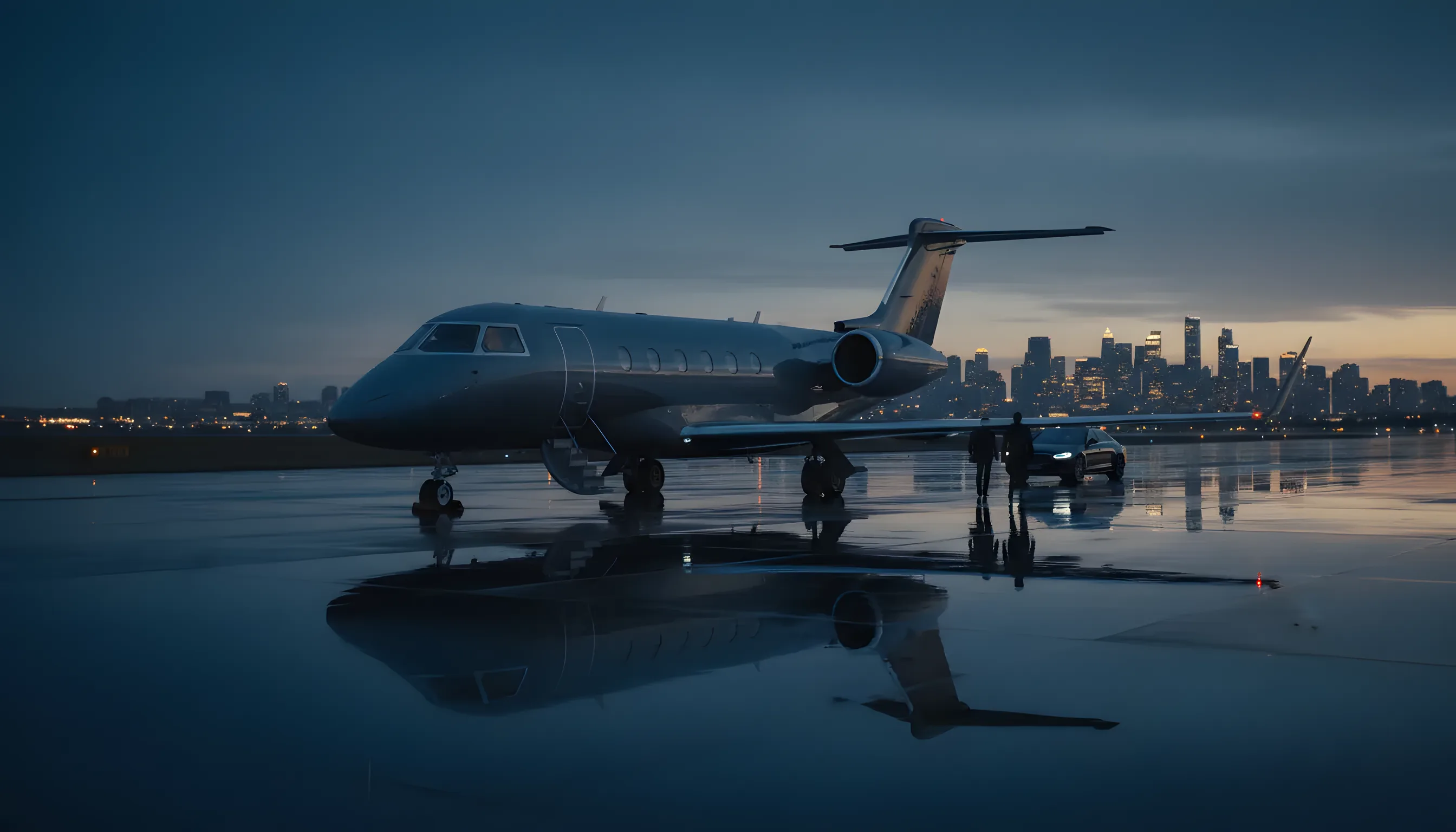 A private jet on a tarmac at dusk, with a city skyline glowing in the background.
