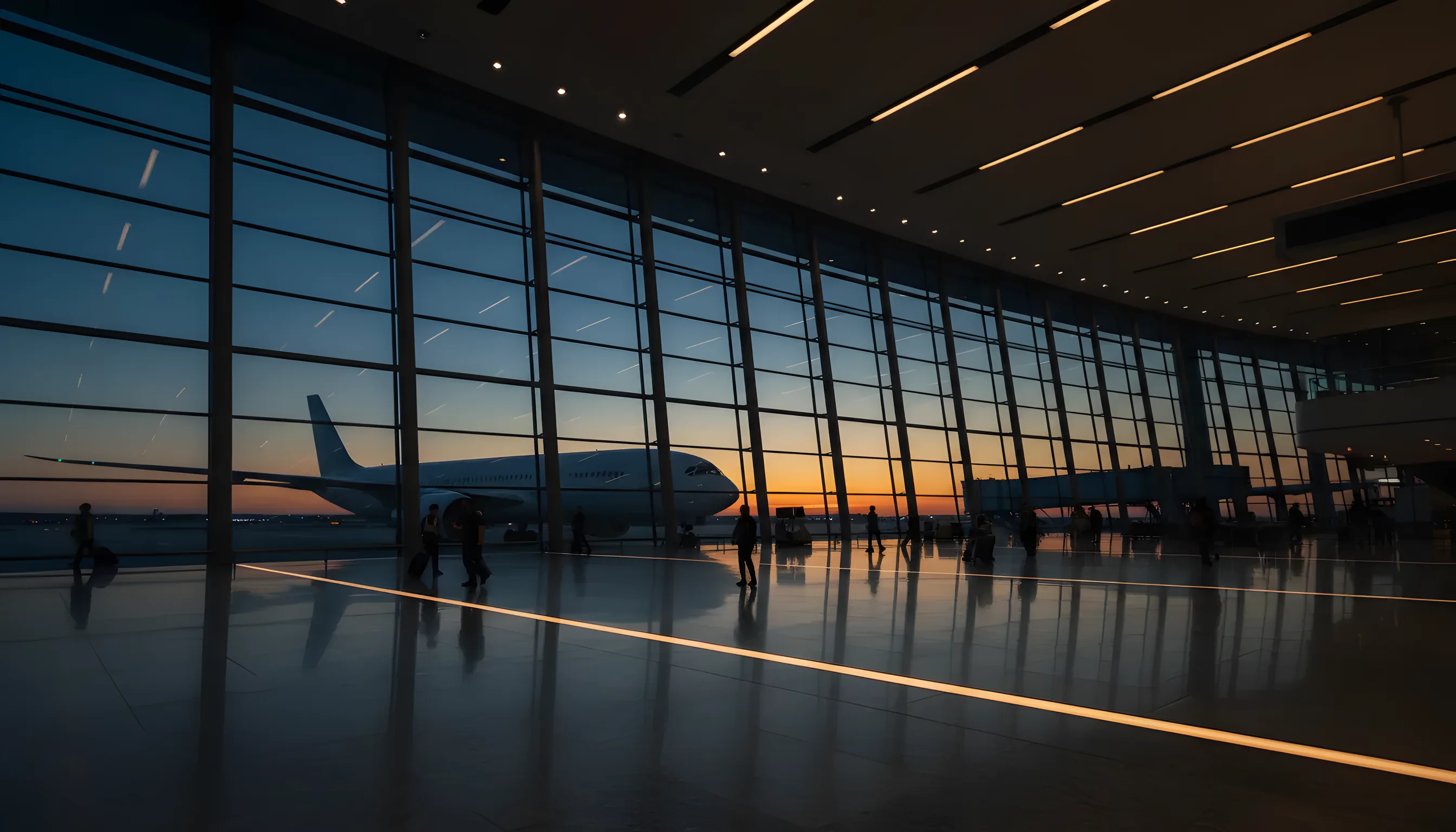 A modern glass airport terminal at dusk with a passenger jet parked at the gate.