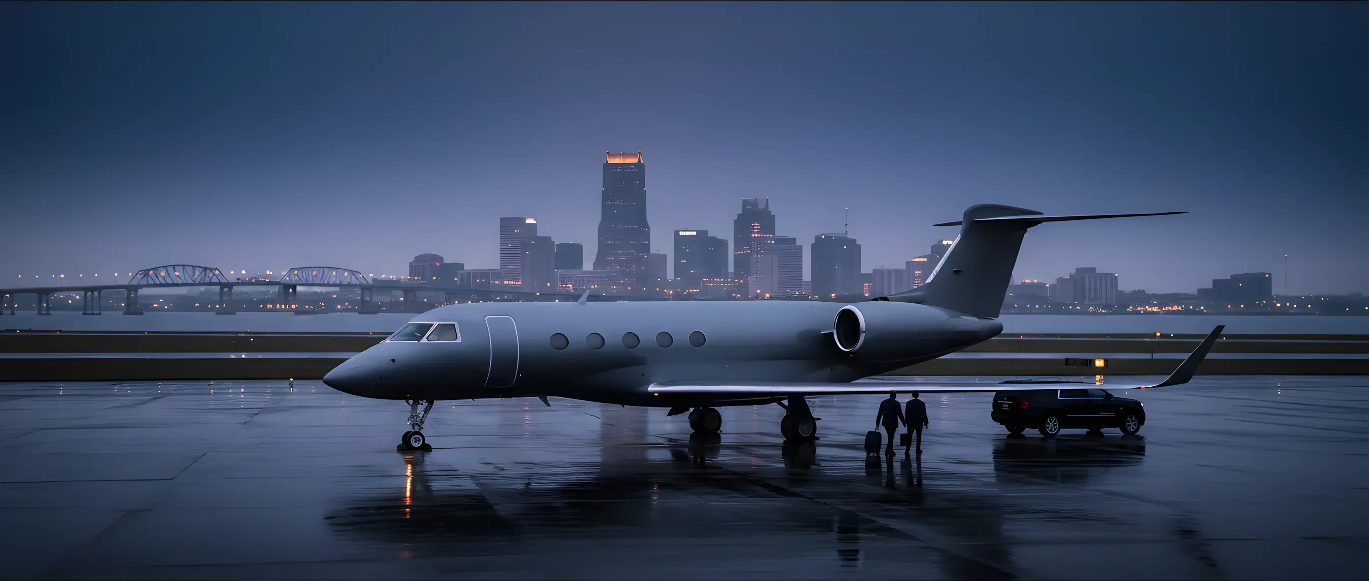 A private jet on an airport tarmac at dusk with the illuminated Jacksonville skyline in the background.