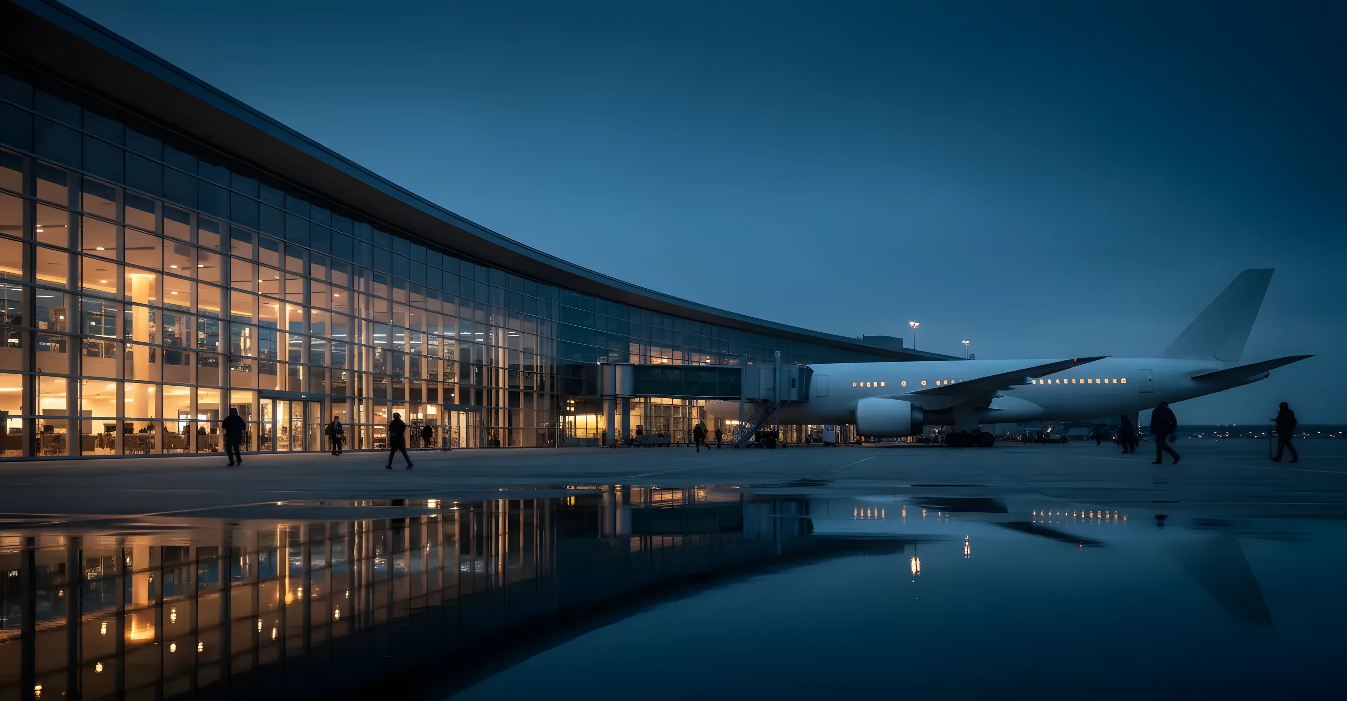 A modern airport terminal at dusk with a large passenger jet parked at the gate.