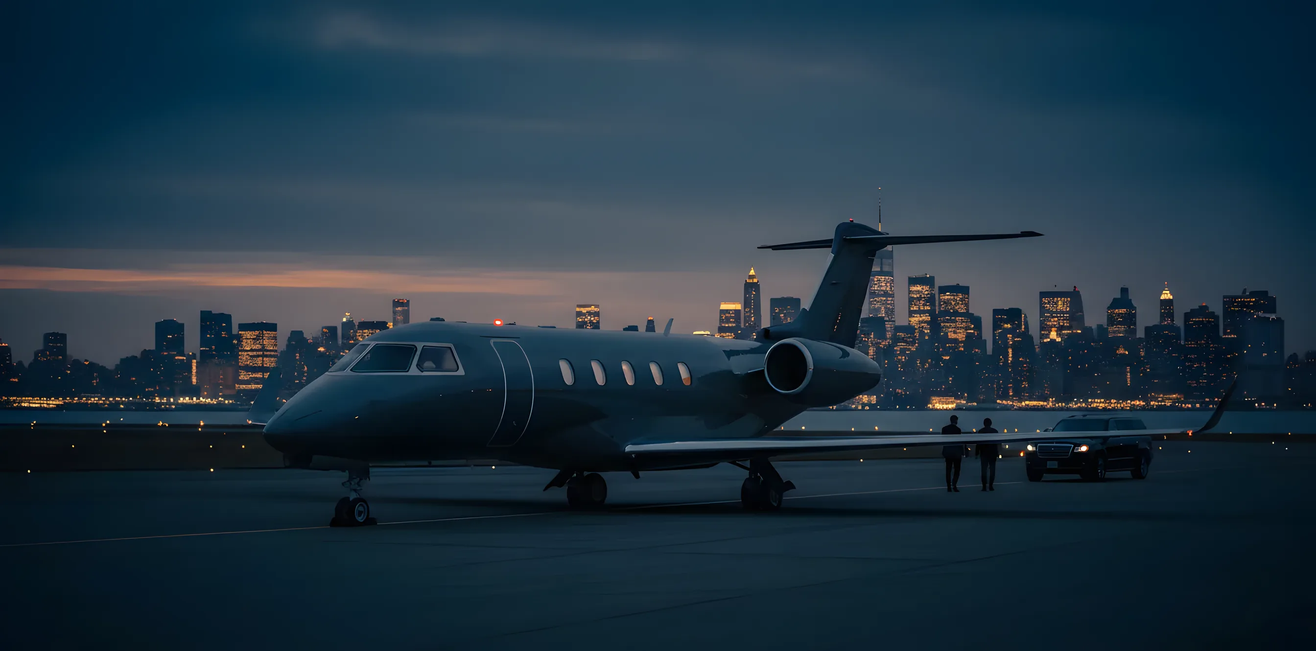A private jet on an airfield tarmac at dusk, with the New York City skyline in the background.