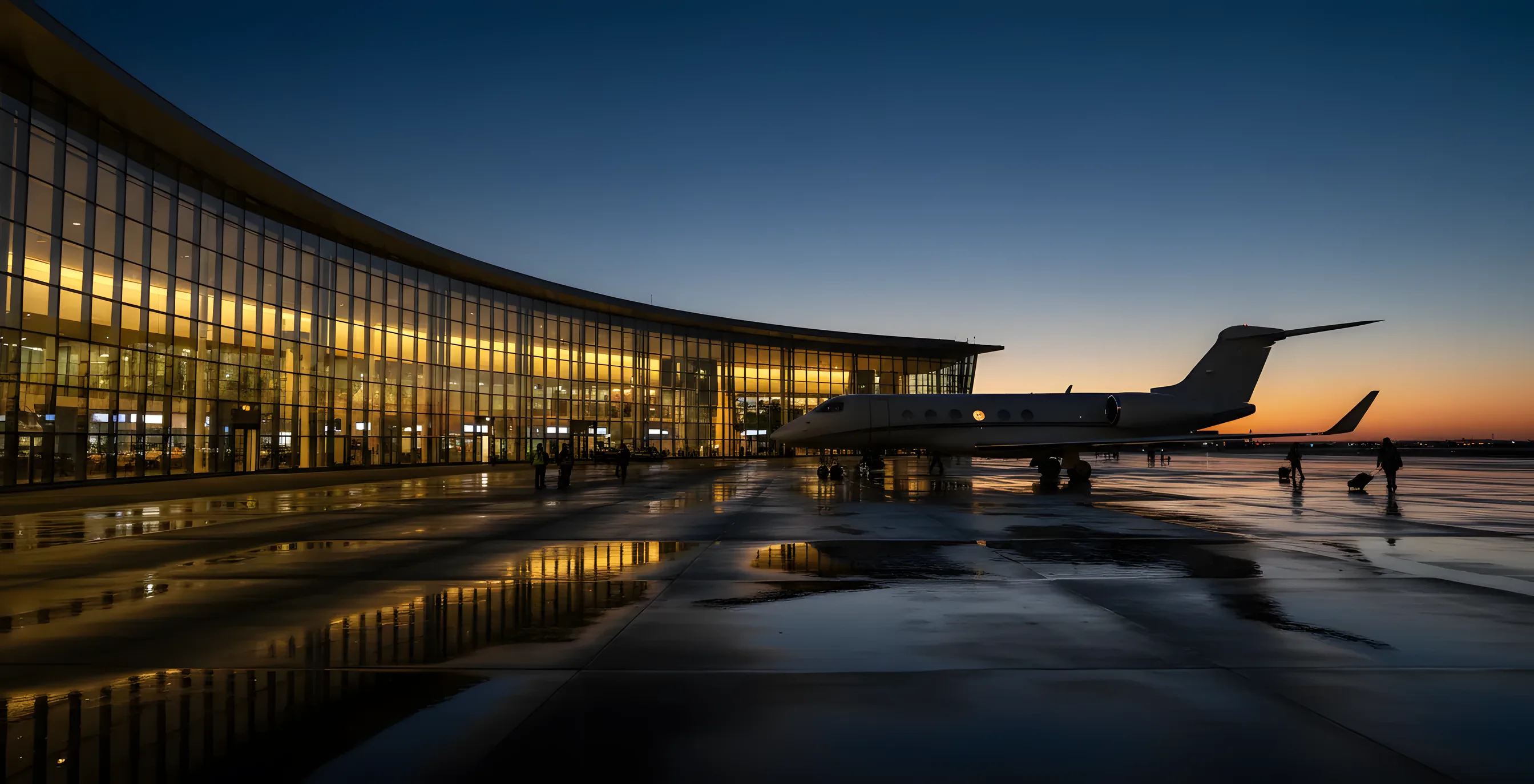 A modern airport terminal with a glass facade glows at dusk, with a private jet parked on the tarmac in the foreground.