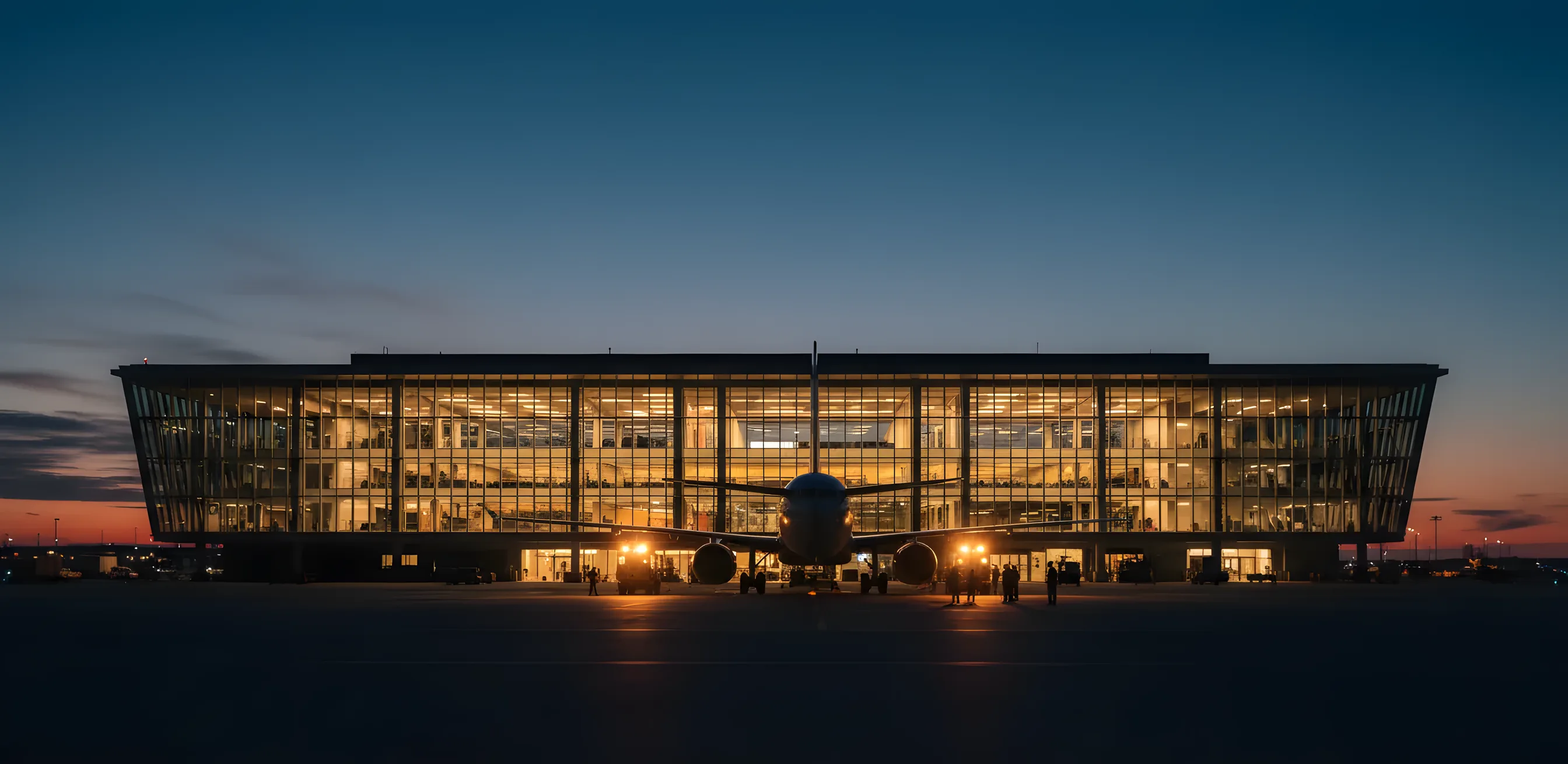 The modern glass facade of an airport terminal at dusk, with an airplane on the tarmac in the foreground.