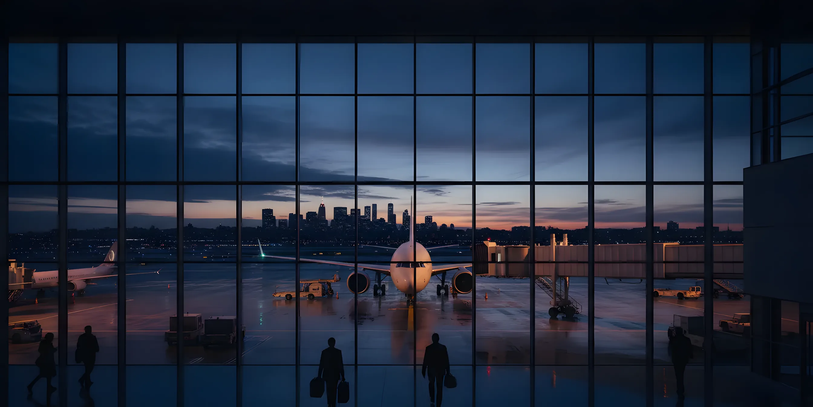 A modern airport terminal at dusk with a passenger jet at the gate and a city skyline in the distance.