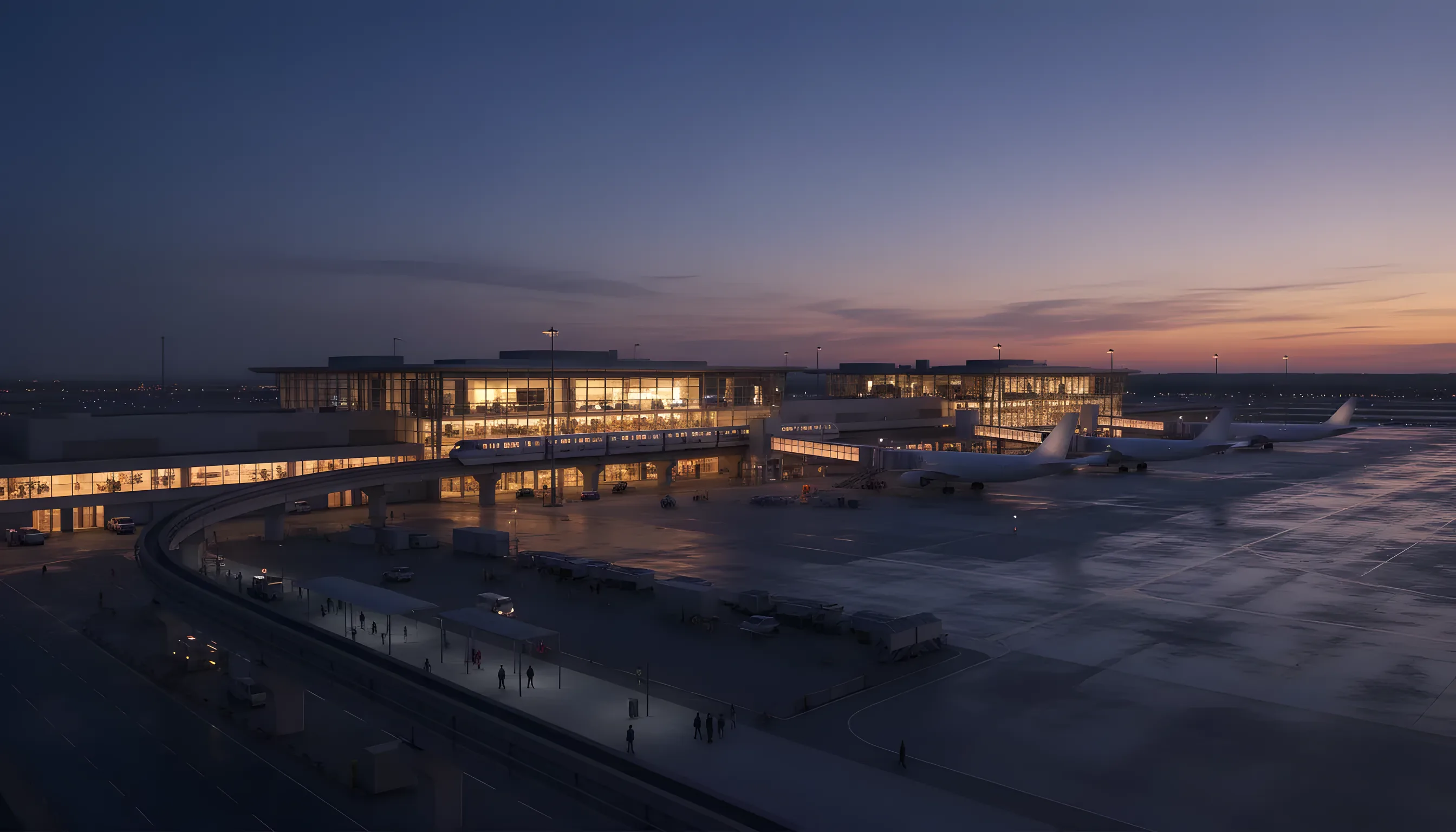 Wide aerial view of a busy airport at dusk, with an elevated train connecting glowing terminals.