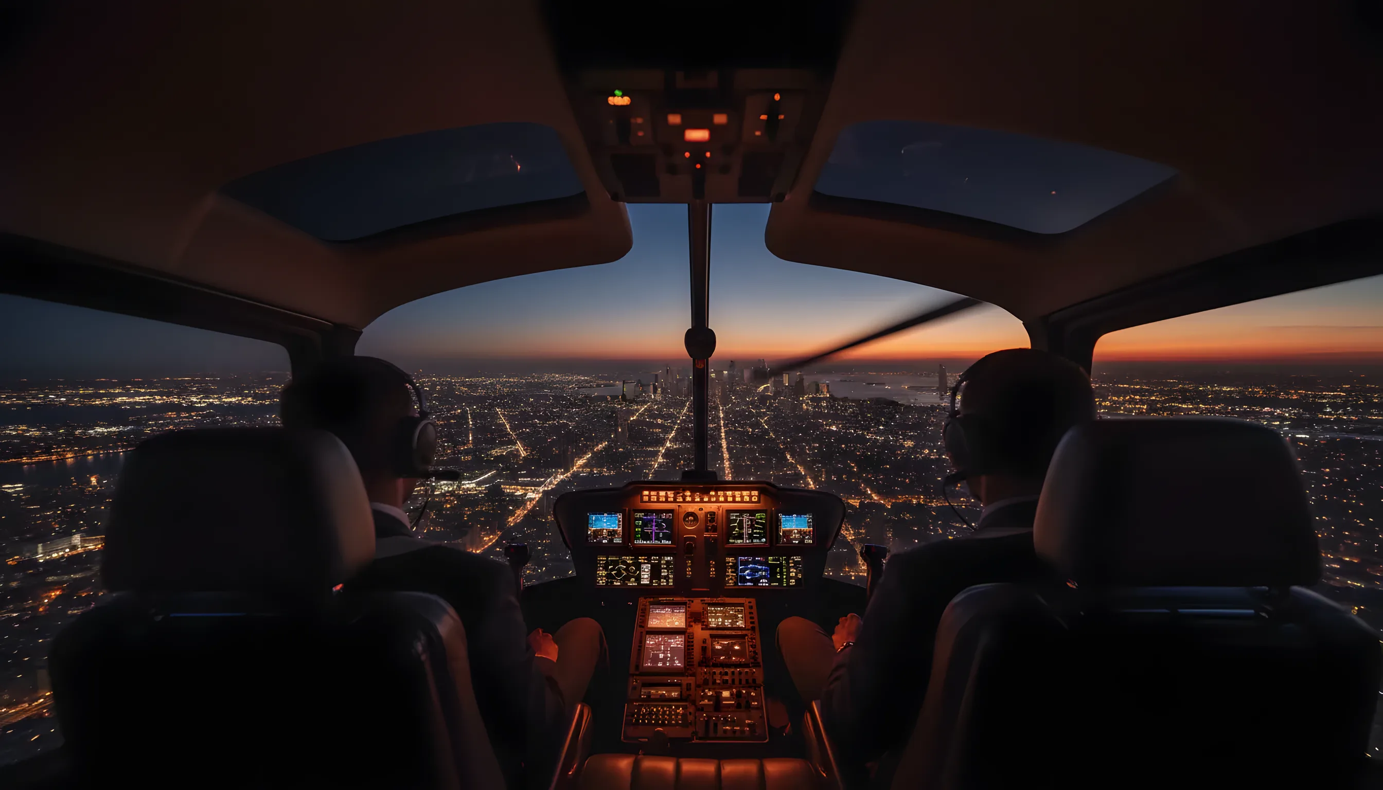 Aerial view of a city skyline at twilight from inside a helicopter cockpit.