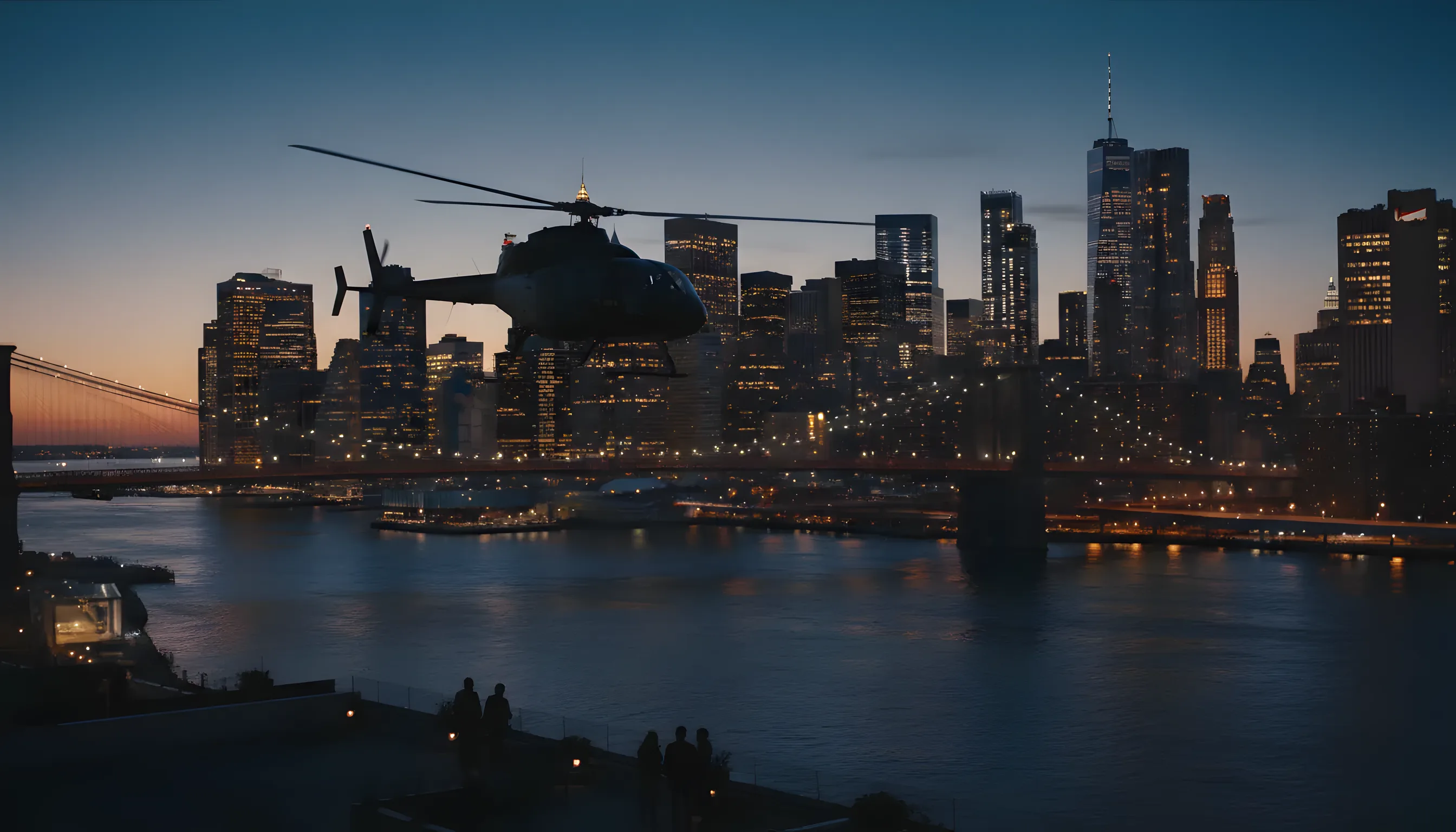 A helicopter flies toward the Manhattan skyline at dusk.