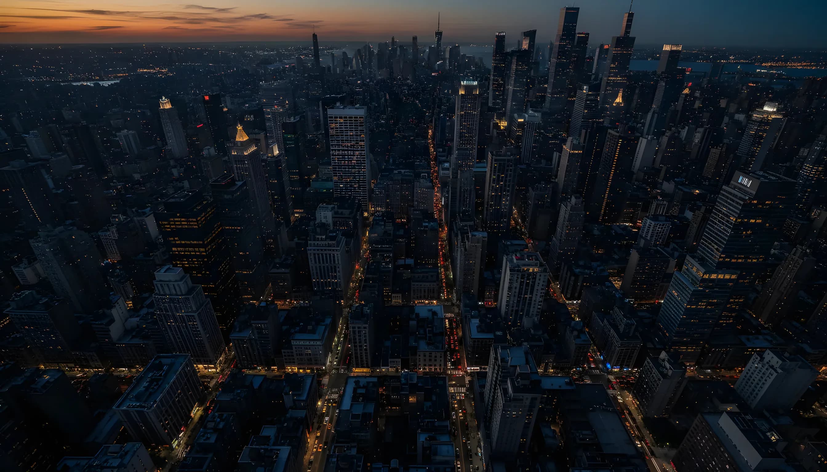 An aerial view of the Manhattan street grid with long shadows from skyscrapers at sunset.