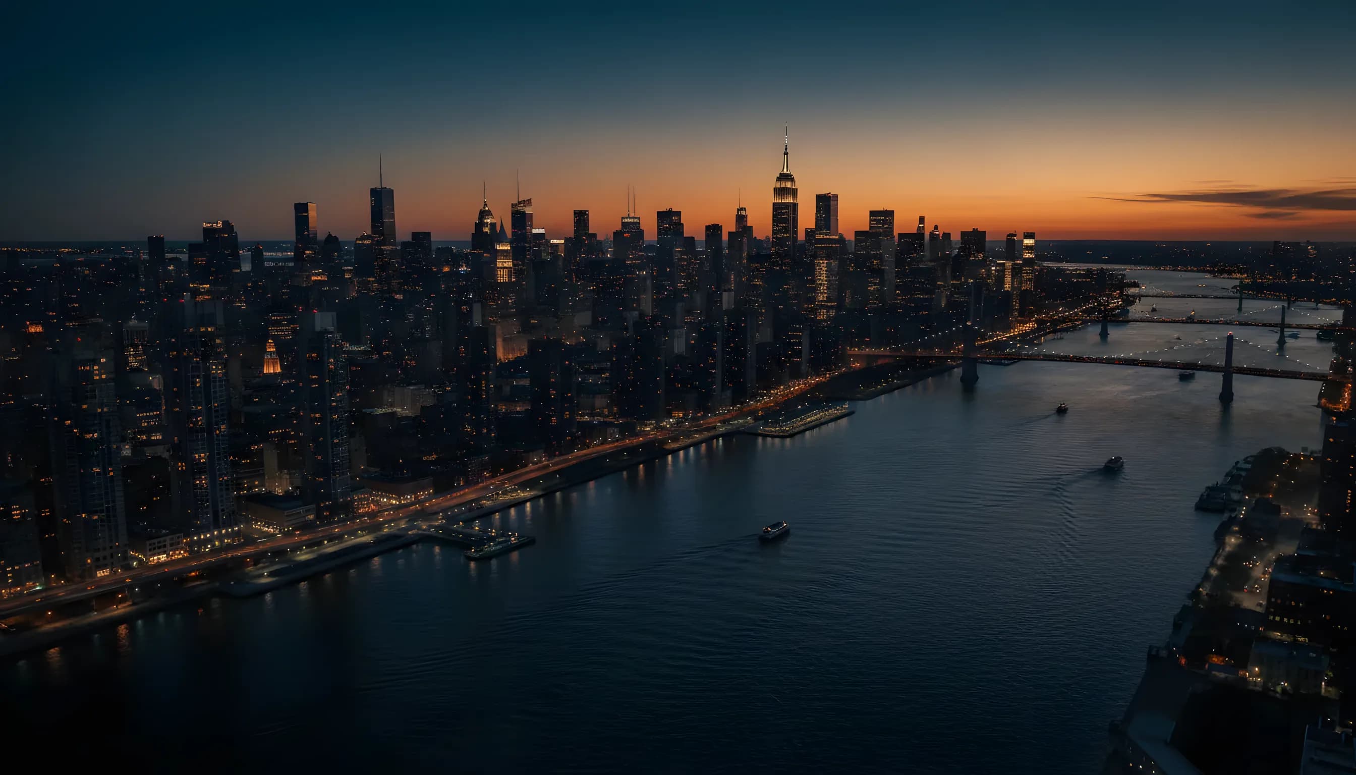 An aerial view of the Manhattan skyline at dusk from a helicopter.
