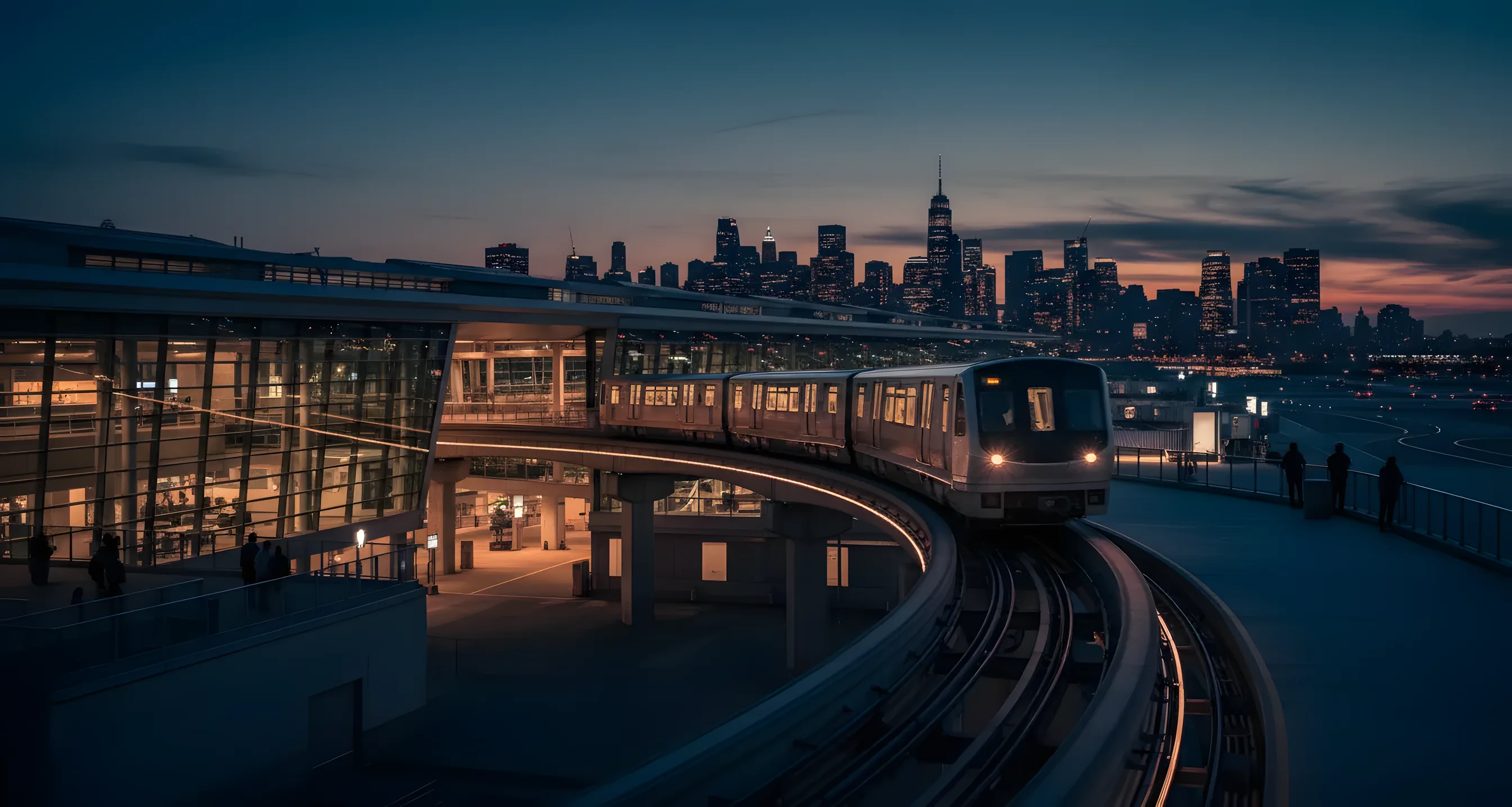 A modern train on an elevated track approaches an airport terminal at dusk, with a city skyline in the distance.