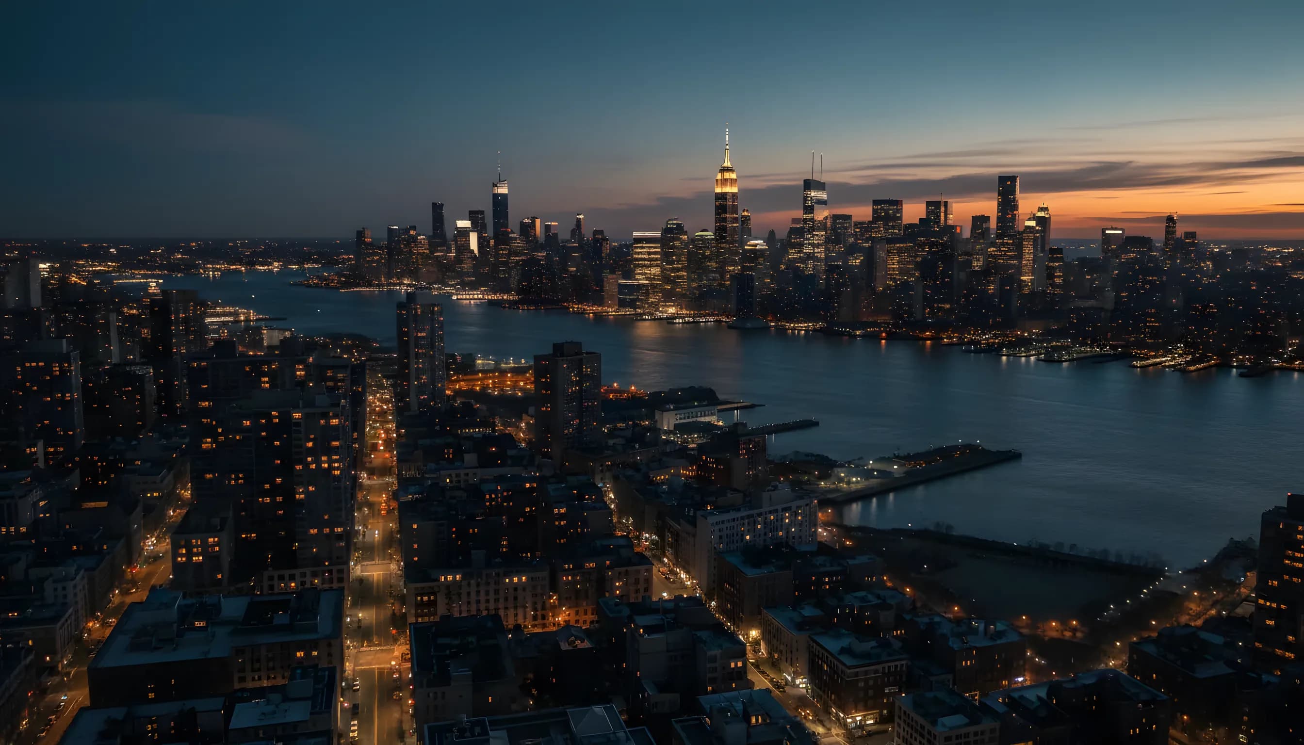 Aerial view of the Midtown Manhattan skyline from above the Hudson River just after sunset.