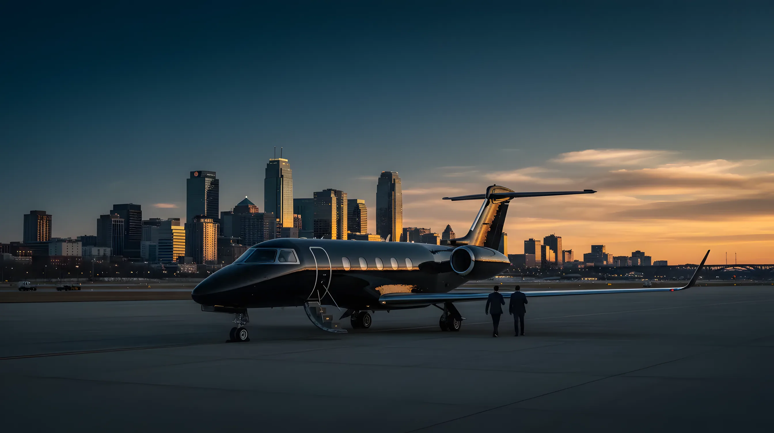A private jet on an airfield at dusk with the Kansas City skyline in the background.