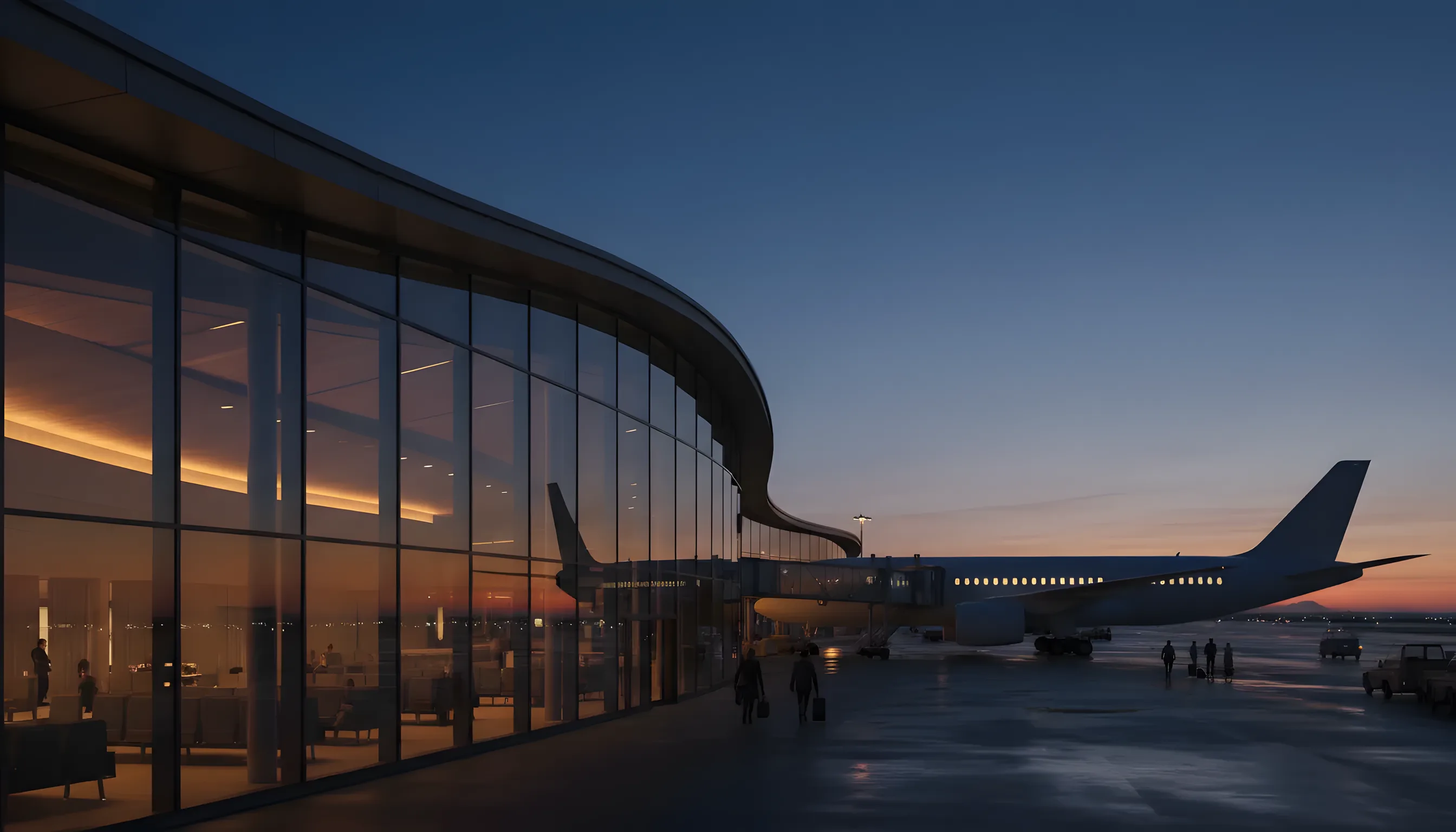 A modern airport terminal at dusk with a passenger jet visible through the glass walls.