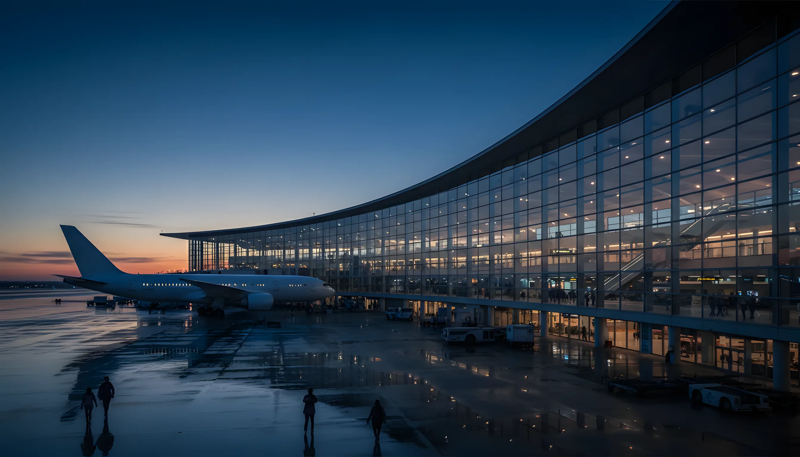 A modern glass airport terminal at dusk, with a large passenger airplane visible at the gate.