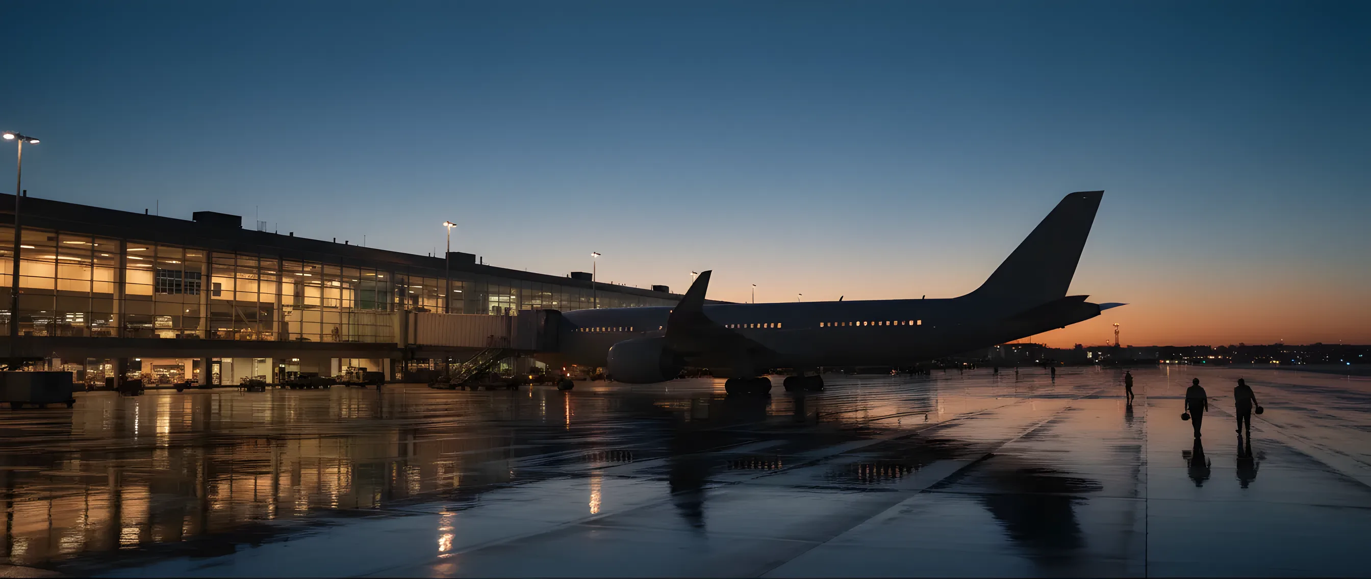 A passenger jet parked at an airport terminal gate at dusk, with lights glowing from the terminal building.