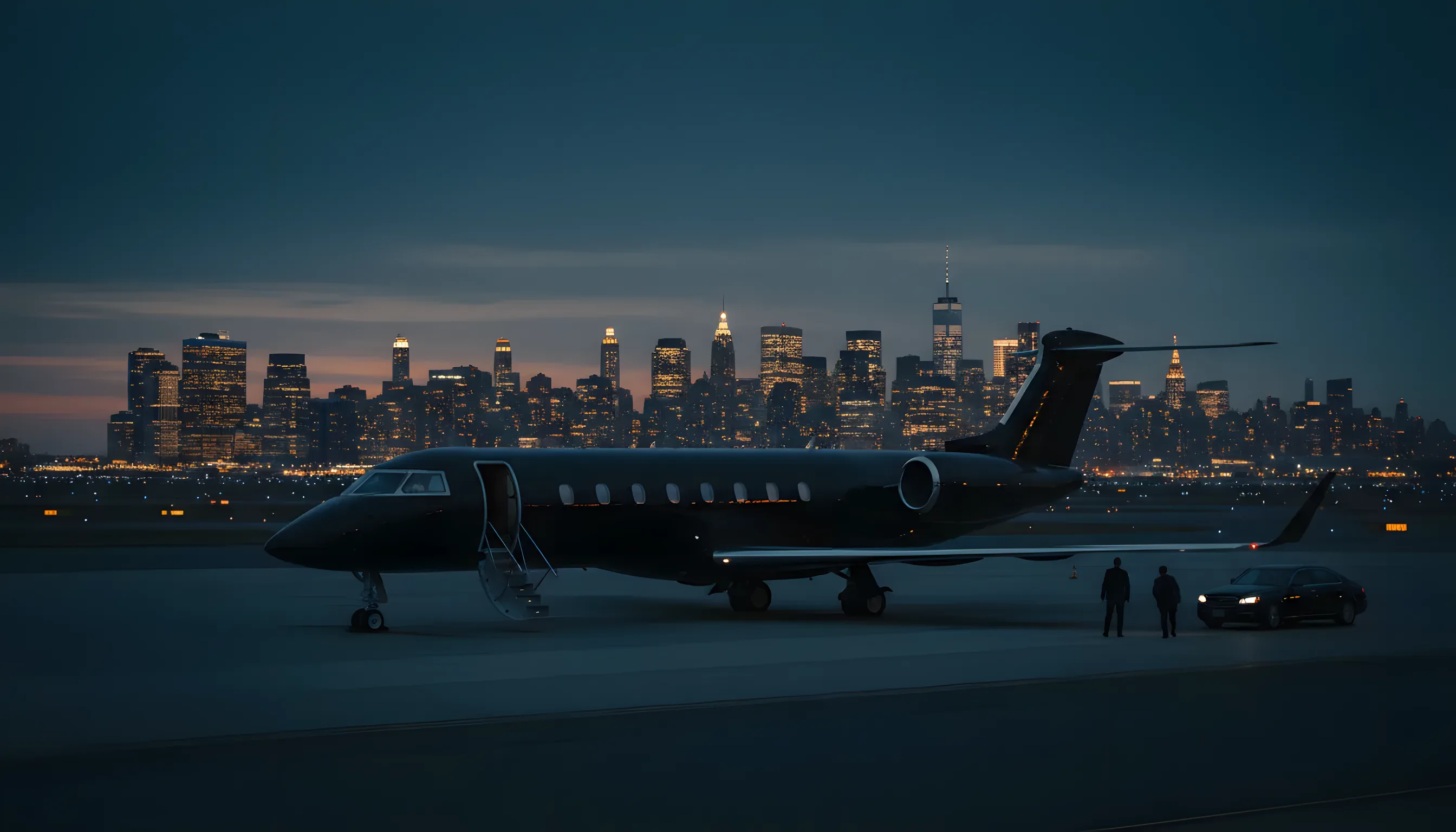A private jet on an airport tarmac at dusk, with the New York City skyline in the distance.
