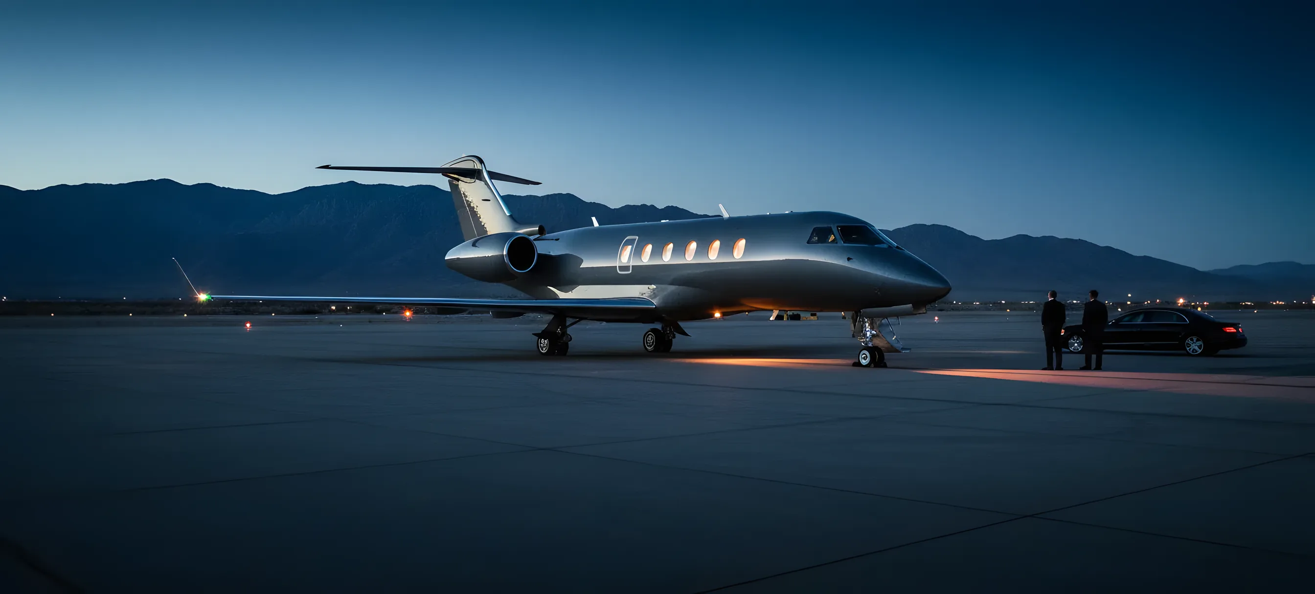 A private jet on an airfield tarmac at dusk, with mountains in the background under a dark blue sky.