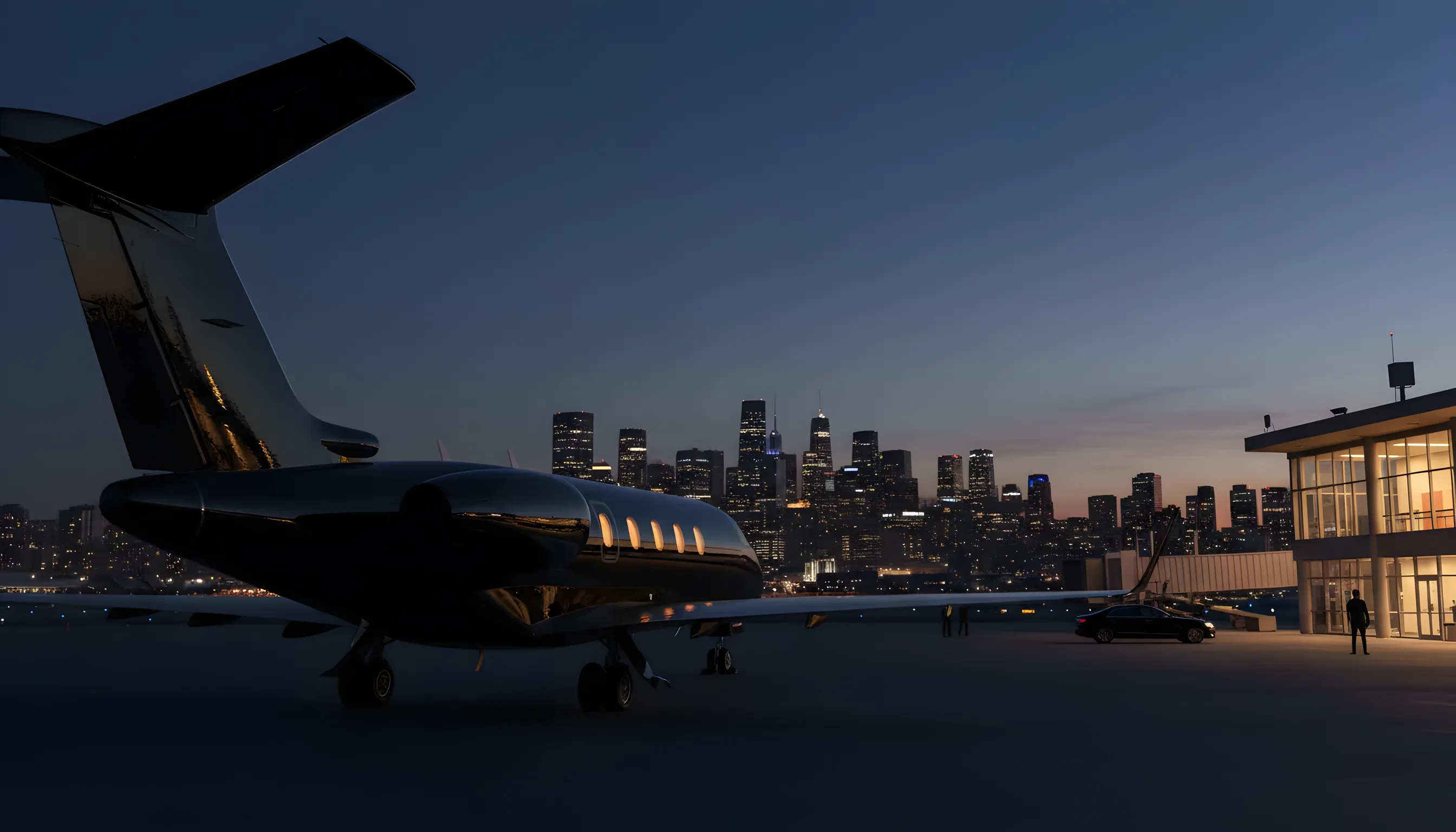 A private jet on an airport tarmac at dusk, with a glowing city skyline in the distance.