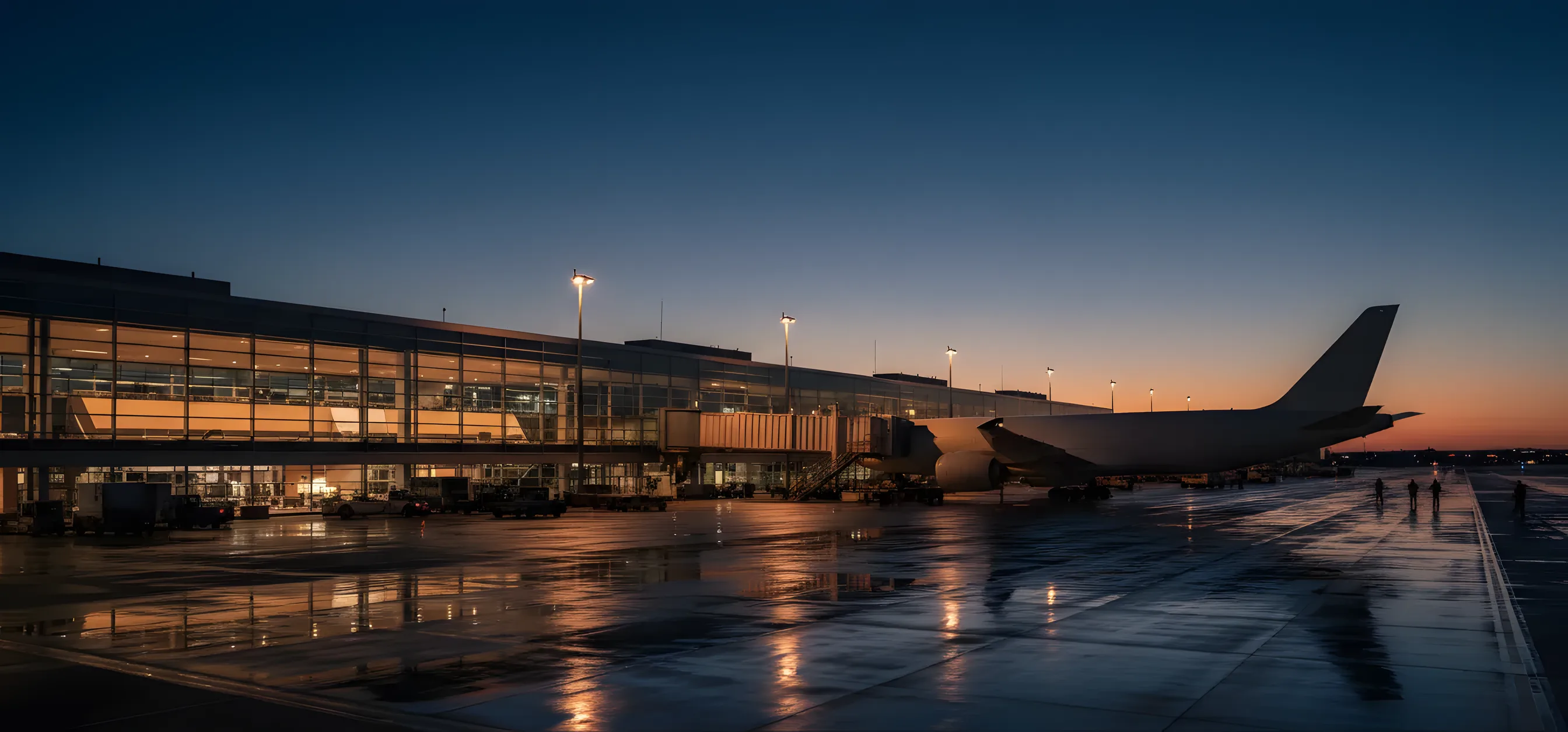 A modern airport terminal and a passenger jet at a gate during twilight.