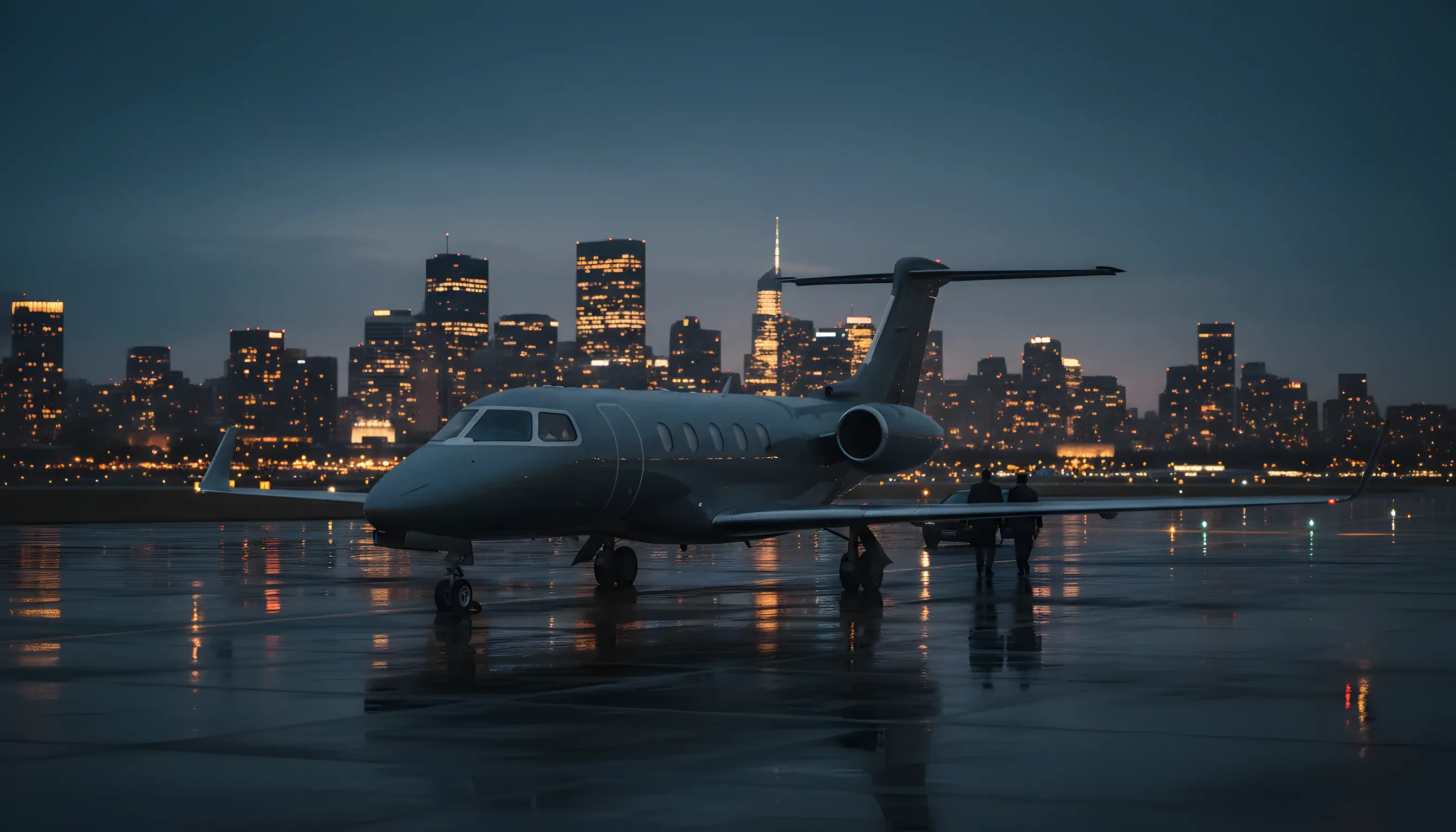 A private jet on an airfield at dusk, with a city skyline in the background.