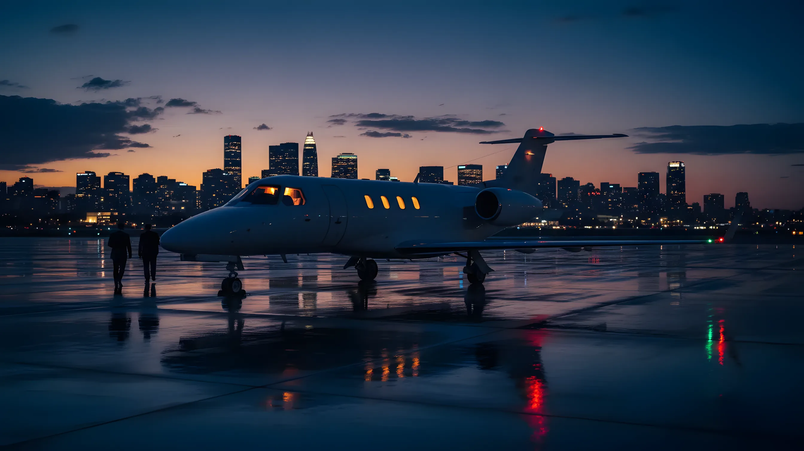 A private jet on an airport tarmac at dusk with a city skyline in the background.