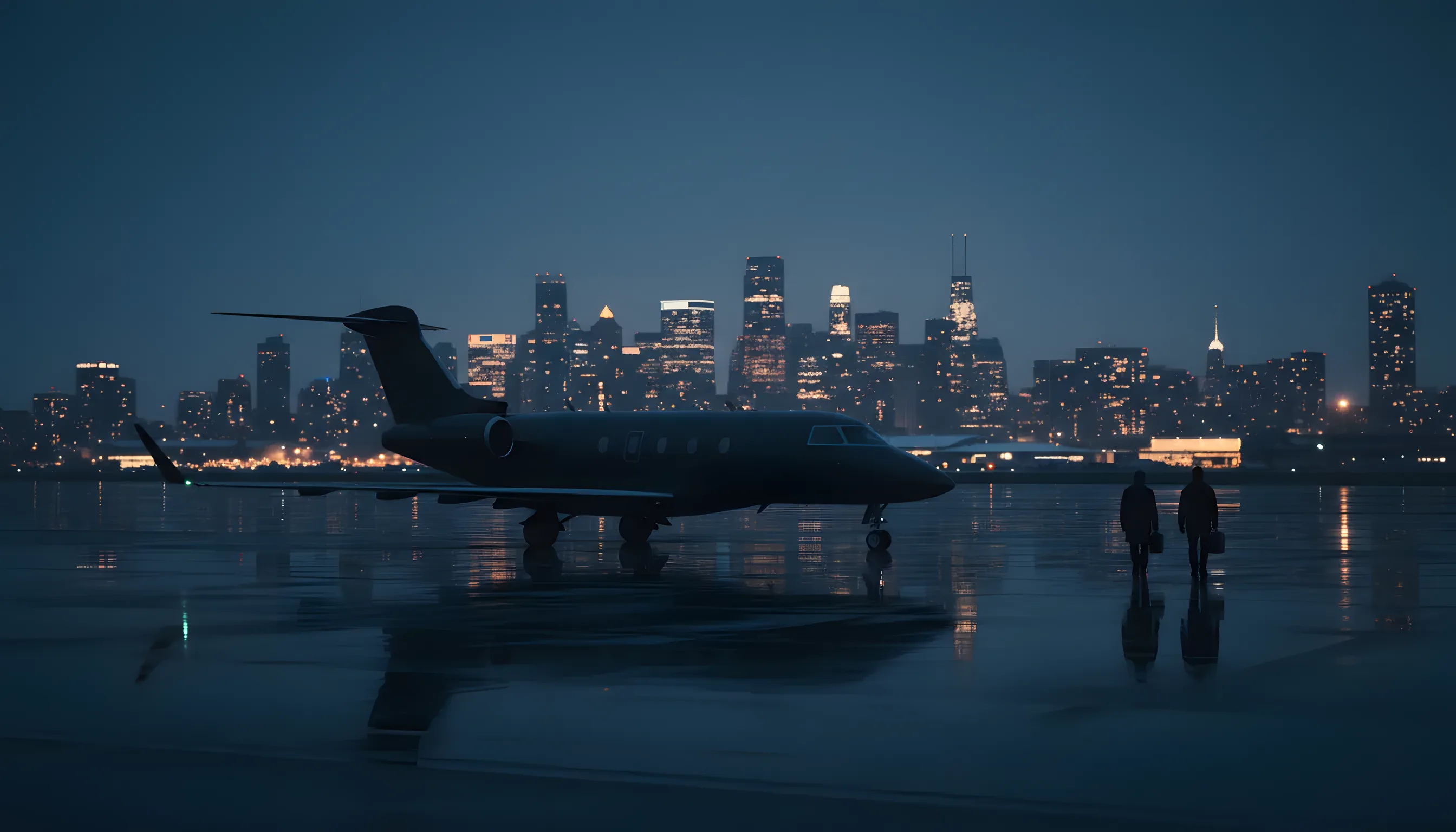 A private jet on an airport tarmac at dusk, with a city skyline glowing in the background.