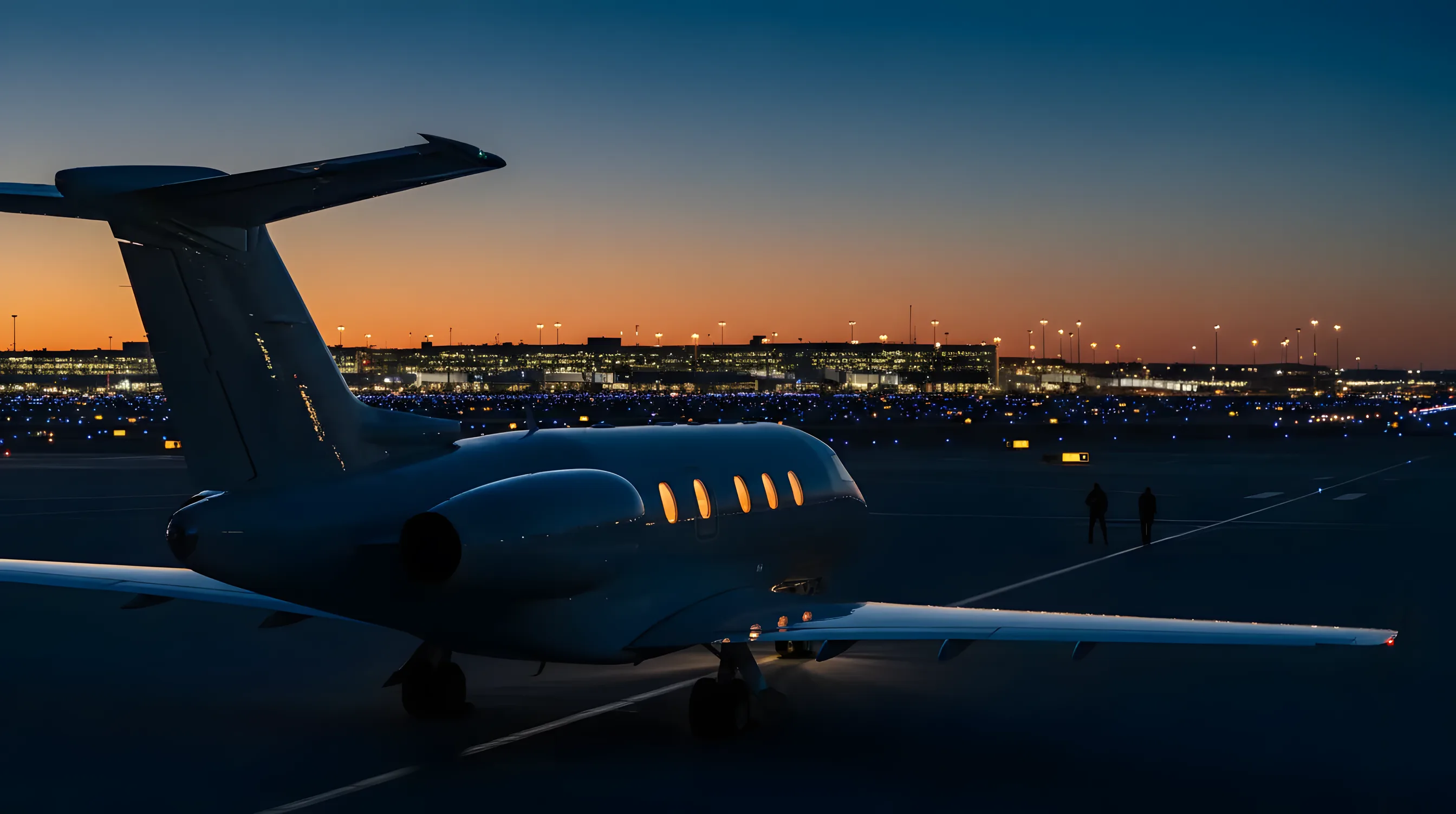 A private jet on an airport tarmac at dusk, with lights glowing from the cabin and a terminal in the background.