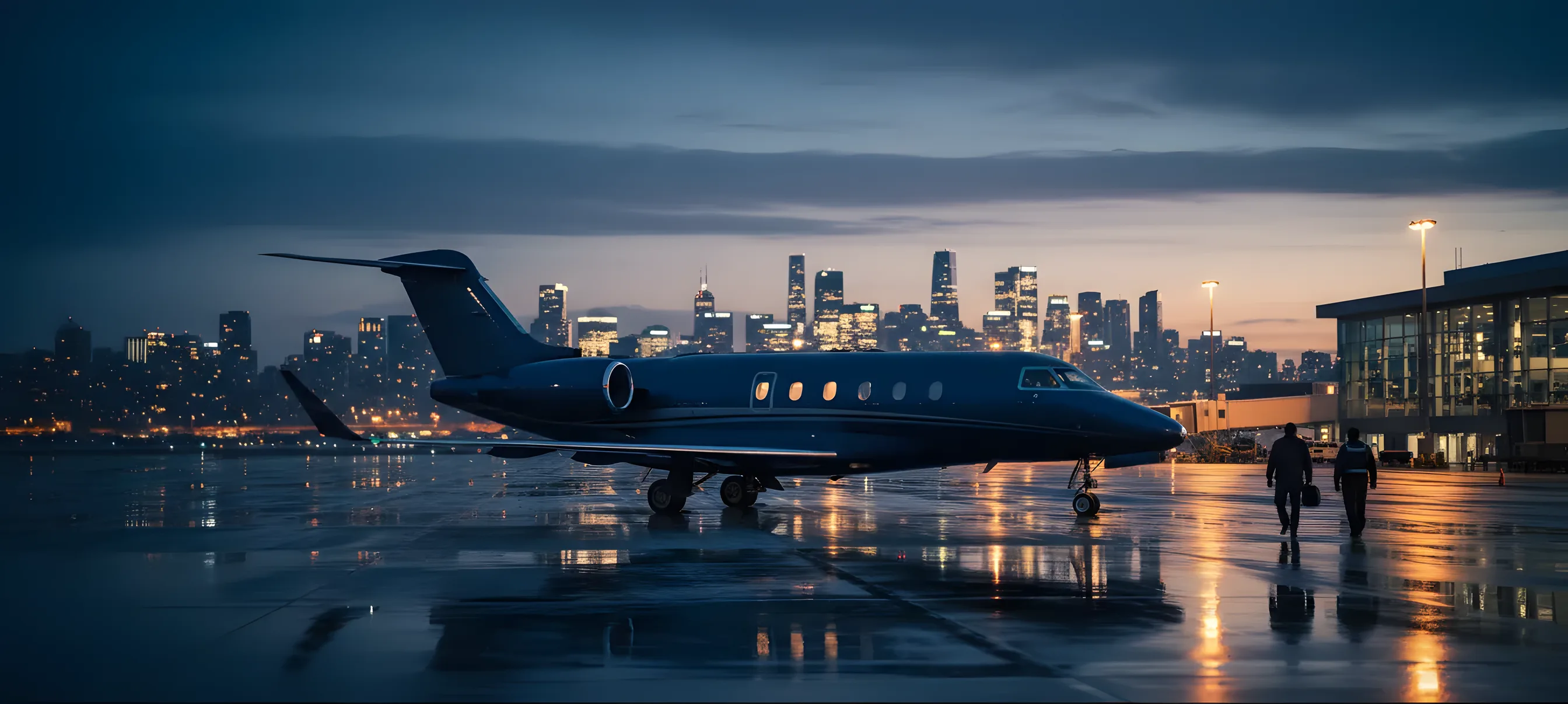 A private jet on an airport tarmac at dusk, with a glowing city skyline in the distance.