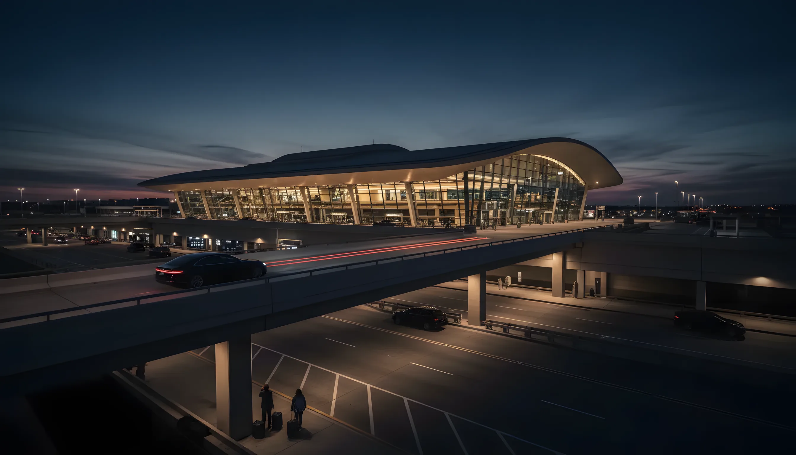 The multi-level exterior of a modern airport terminal at dusk, with cars on the upper departures roadway.