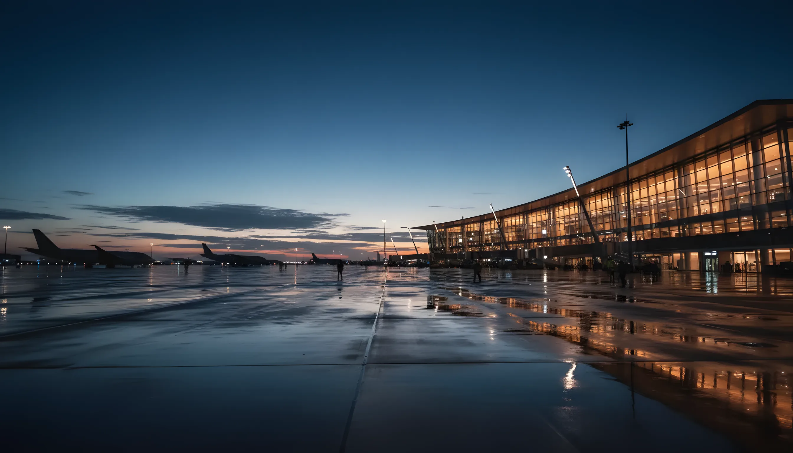 A modern airport terminal with glowing lights seen from the tarmac at dusk.