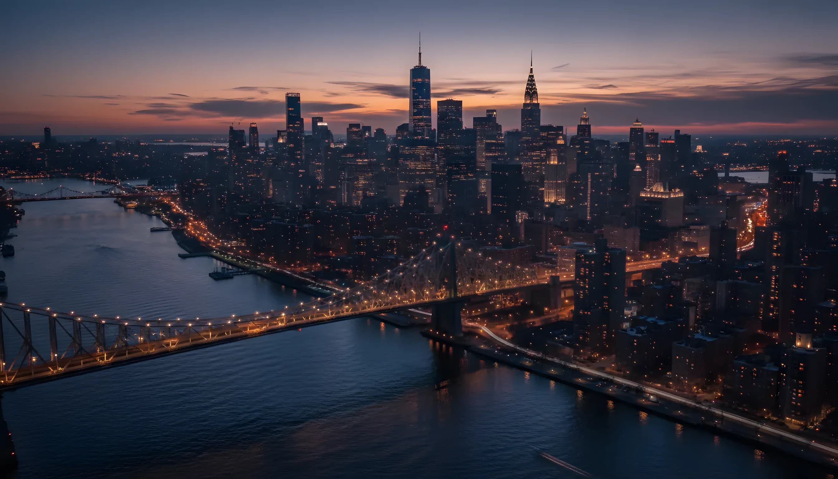 Aerial view of the Manhattan skyline and Queensboro Bridge at dusk.