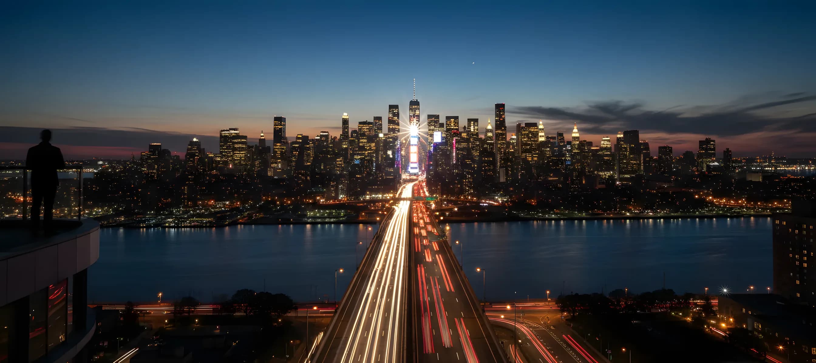 The Midtown Manhattan skyline glows at dusk, with Times Square visible as a bright central point, viewed from across the river.