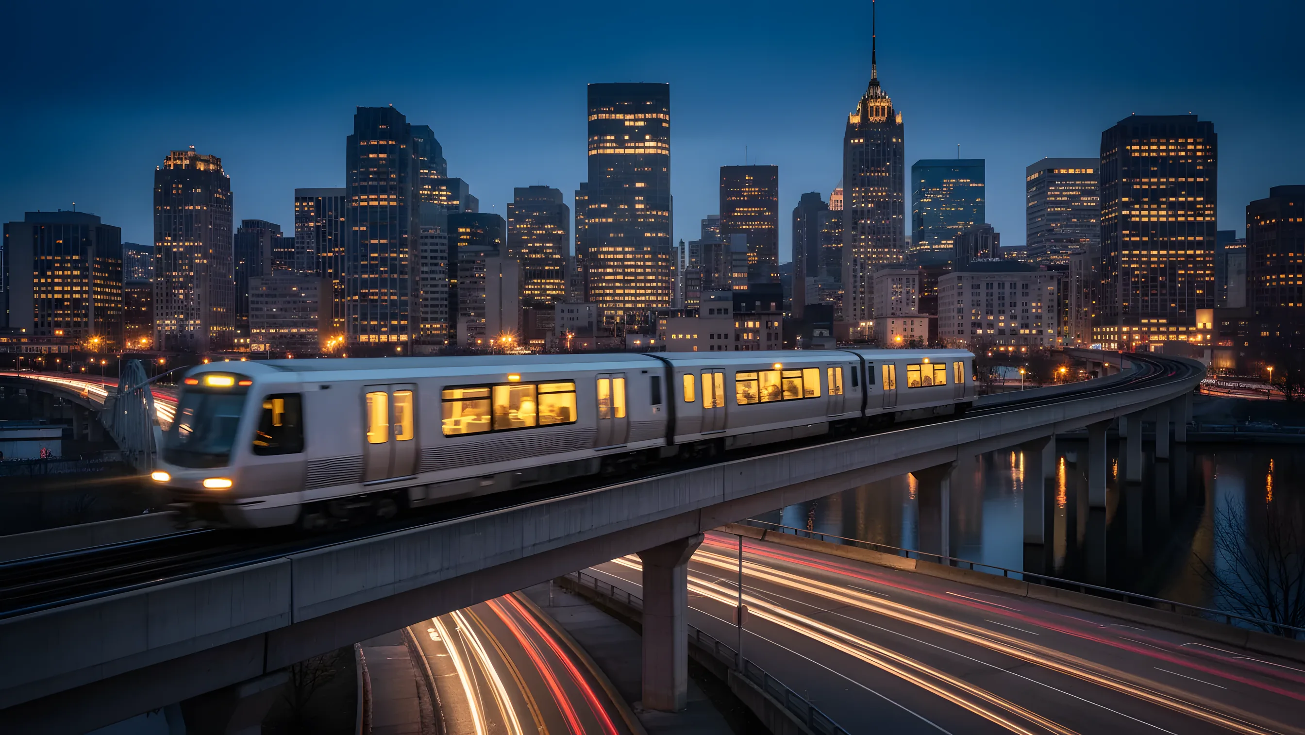A modern light rail train travels on an elevated track through a city at dusk.