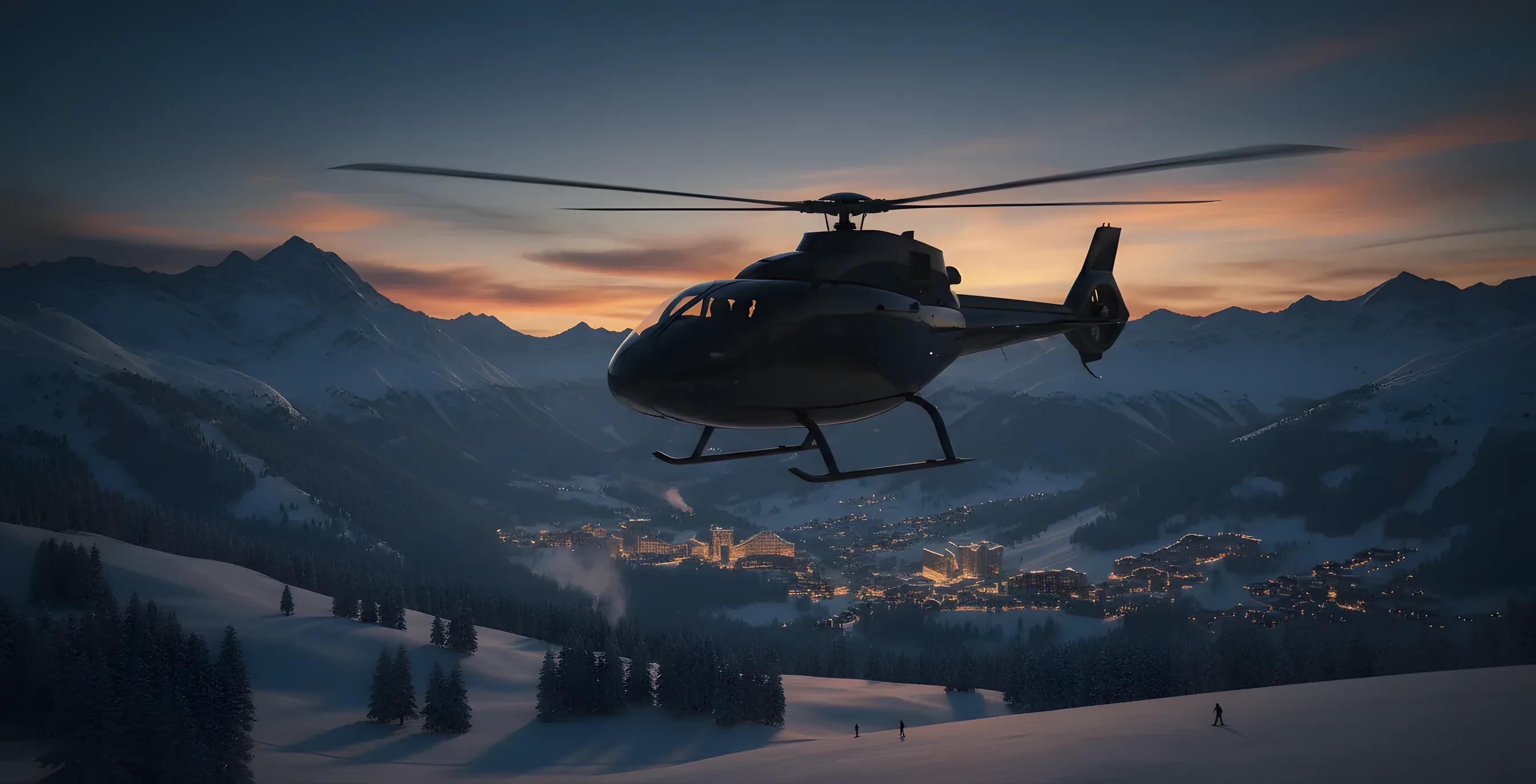A helicopter flies over the snow-covered Alps at dusk, approaching a warmly lit ski resort in a valley.