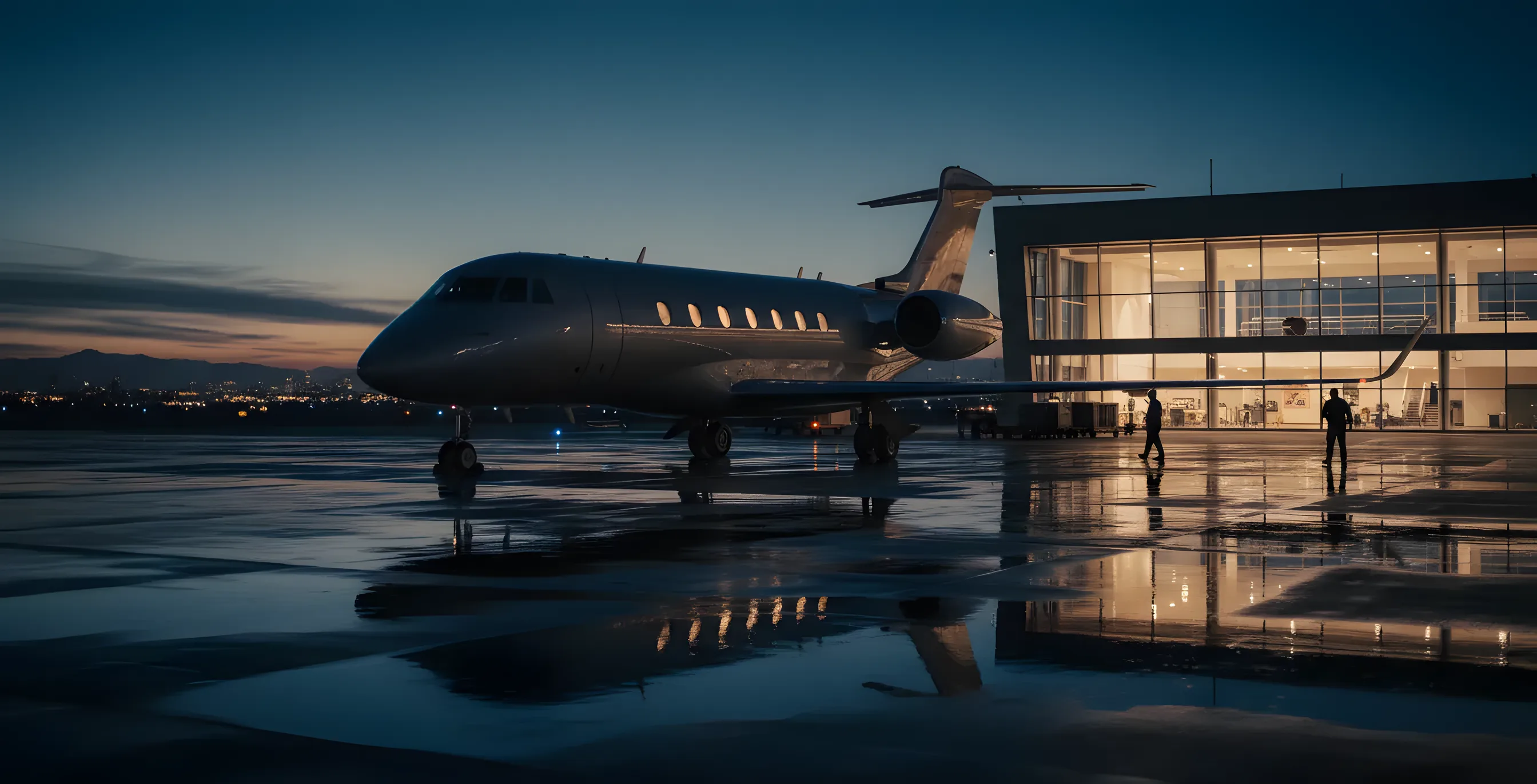 A large private jet on an airport tarmac at dusk, with a city skyline in the background.