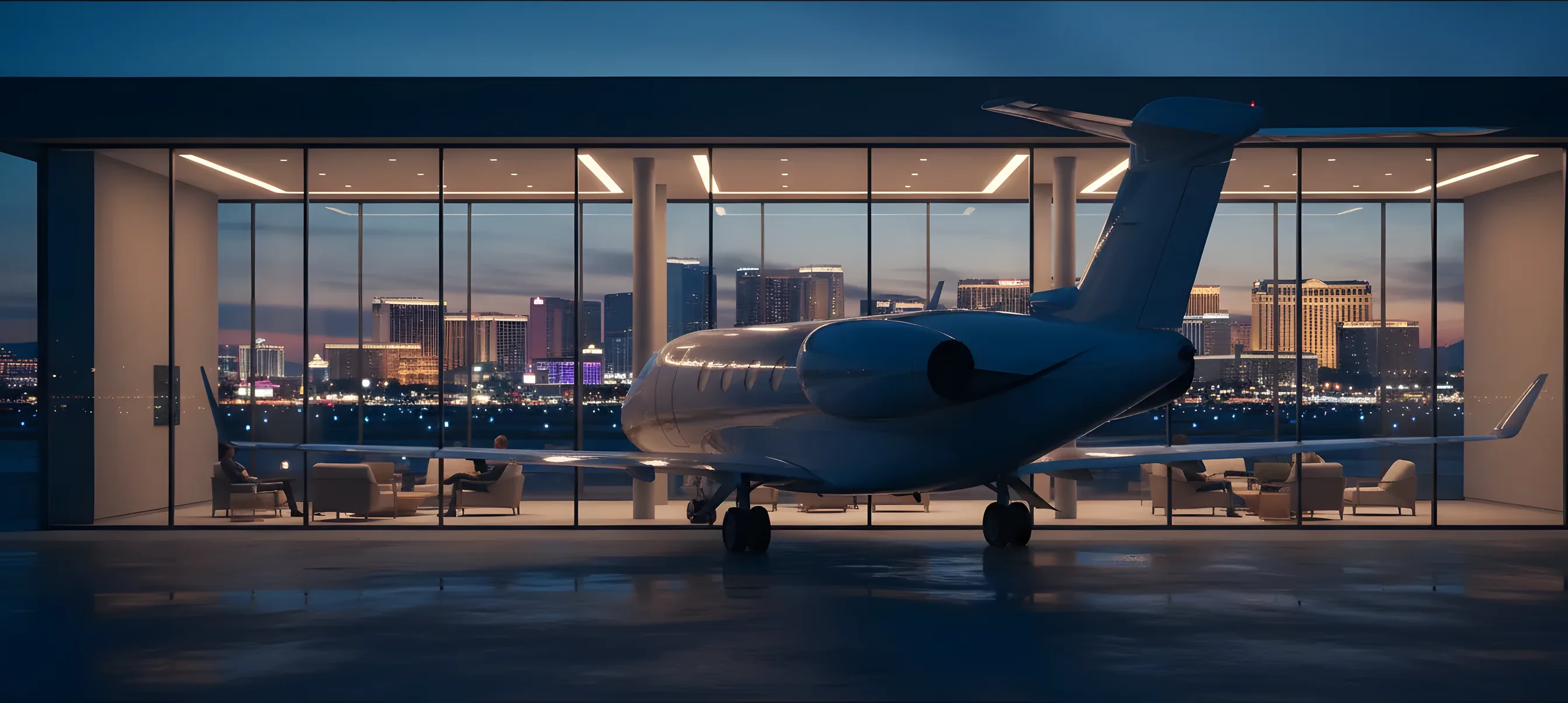A private jet on an airfield at dusk, with the glowing Las Vegas skyline visible in the background through a terminal window.