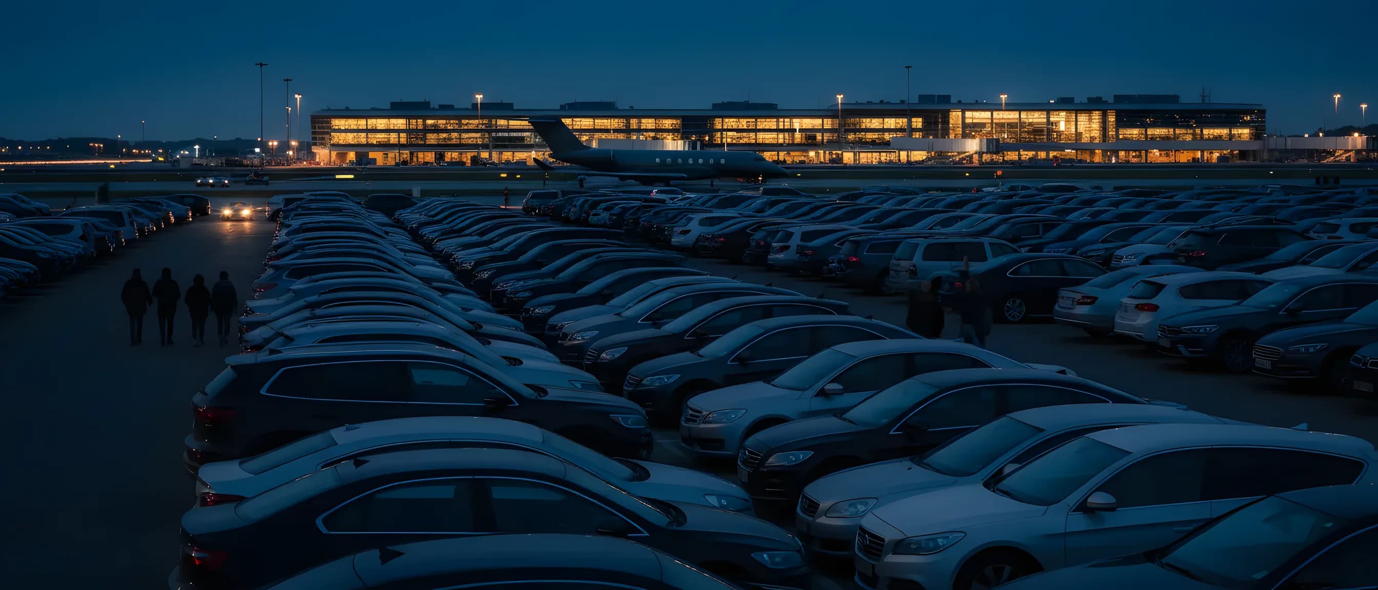 A large airport parking lot filled with cars at dusk, with a glowing terminal and an airplane in the background.