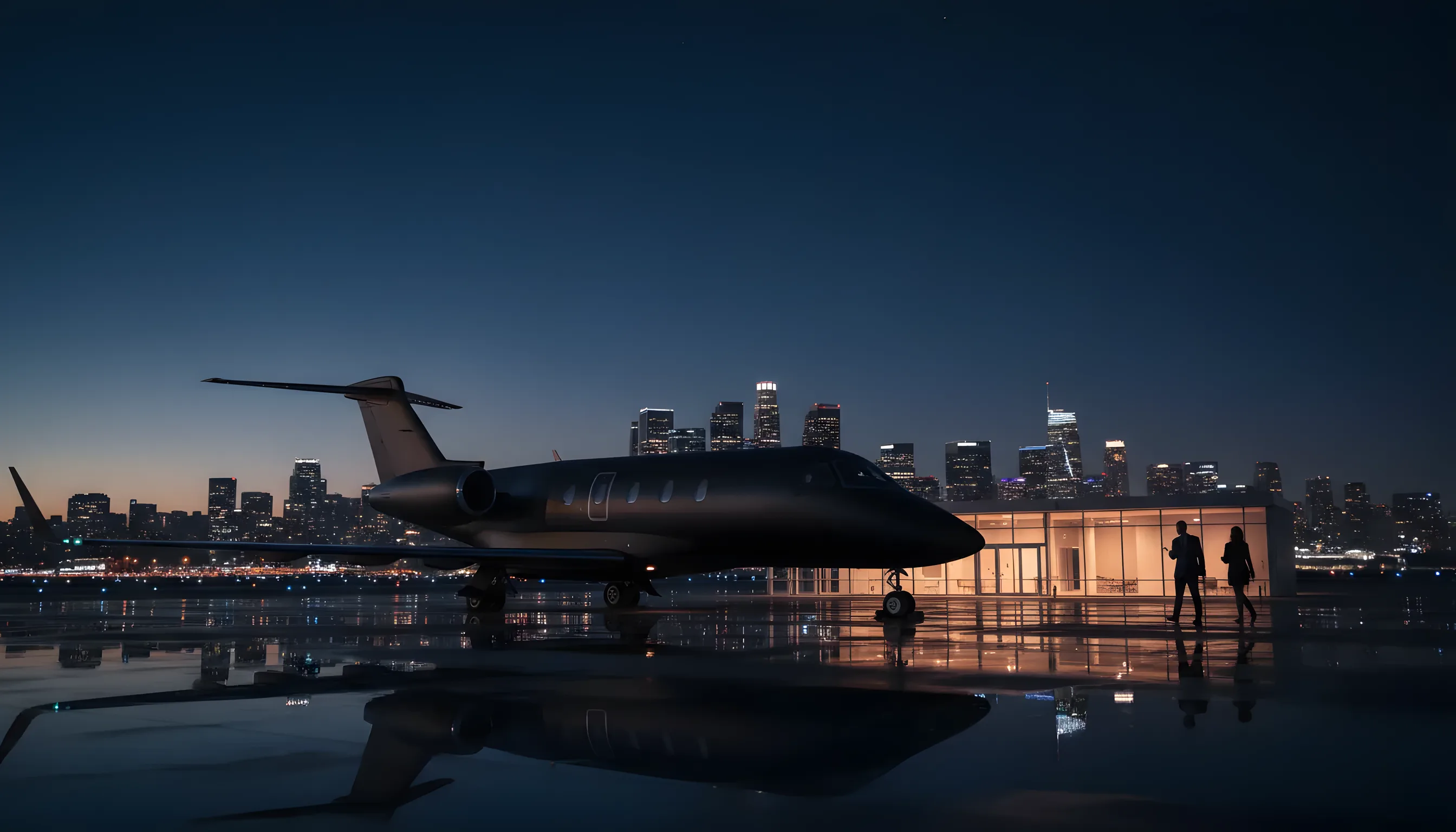 A private jet on an airfield at dusk with the glowing Los Angeles skyline in the background.
