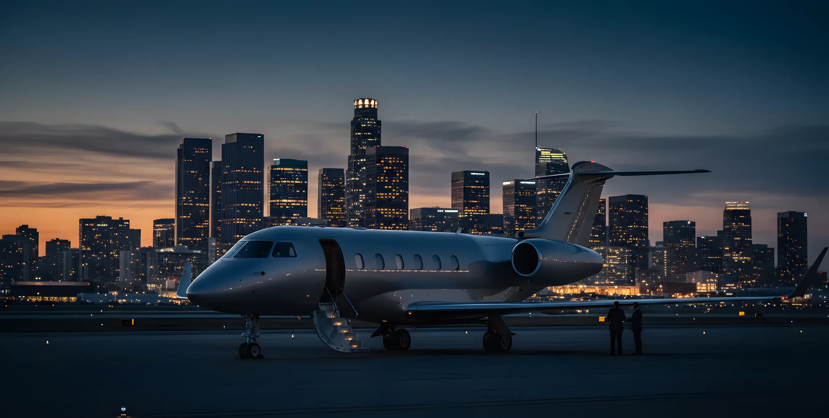 A private jet on an airport tarmac at dusk with the Los Angeles skyline in the background.