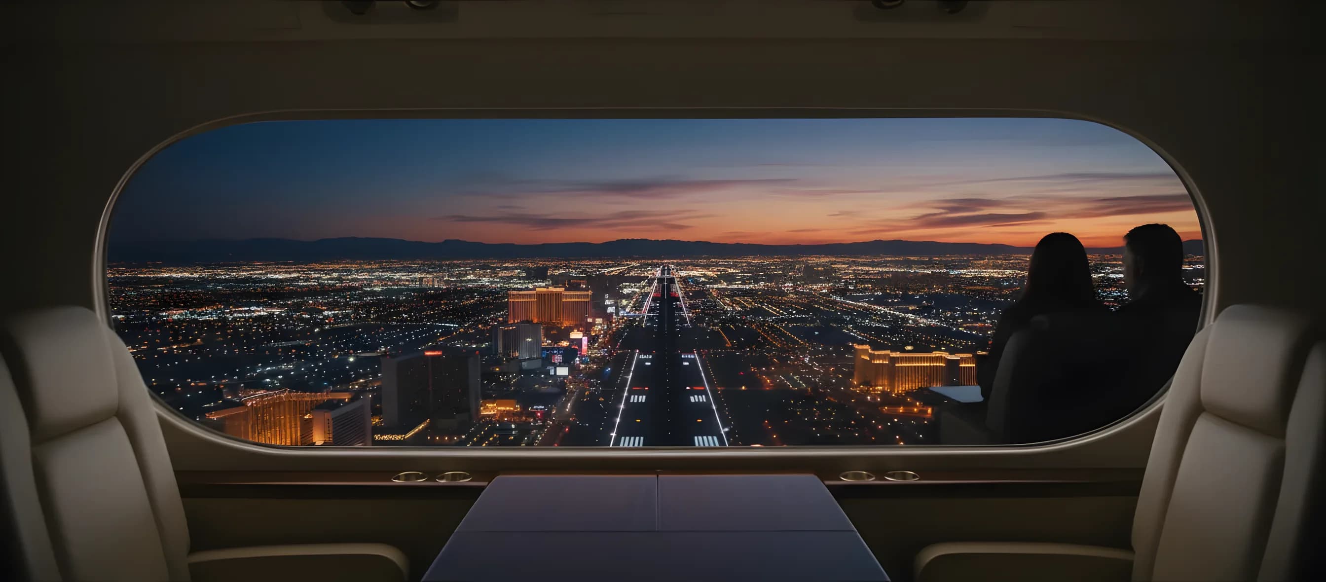 The Las Vegas Strip at dusk, with its glowing hotels and casinos, viewed from an airplane window.