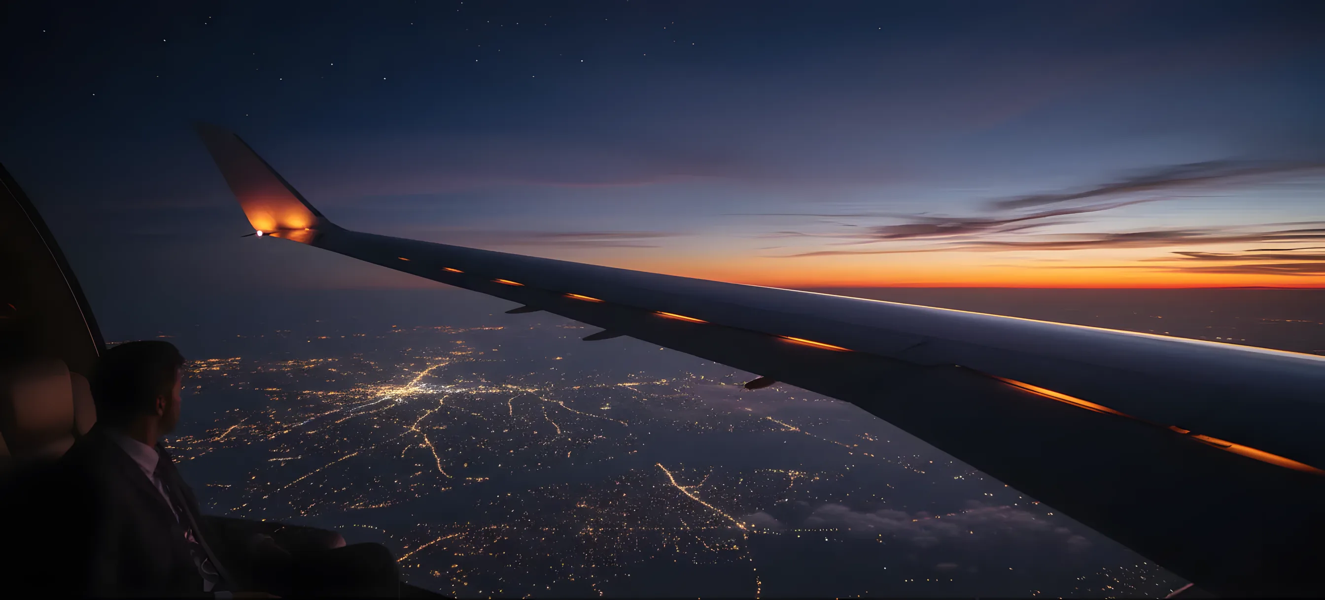 The wing of a jet seen from a window, flying high above city lights at dusk.