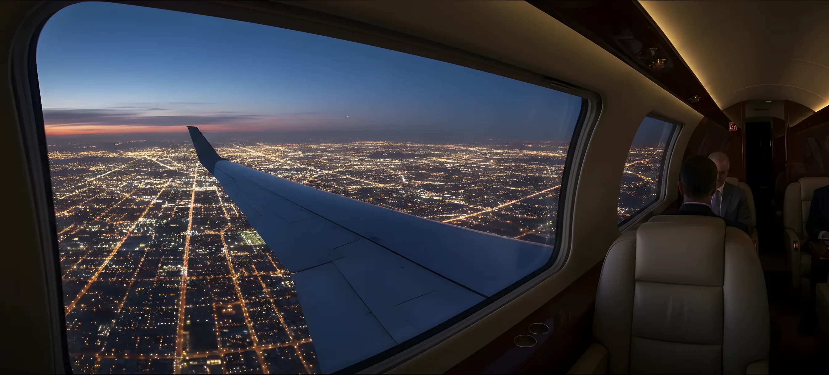 View from an airplane window at dusk, showing the aircraft wing over a sprawling, illuminated city grid below.