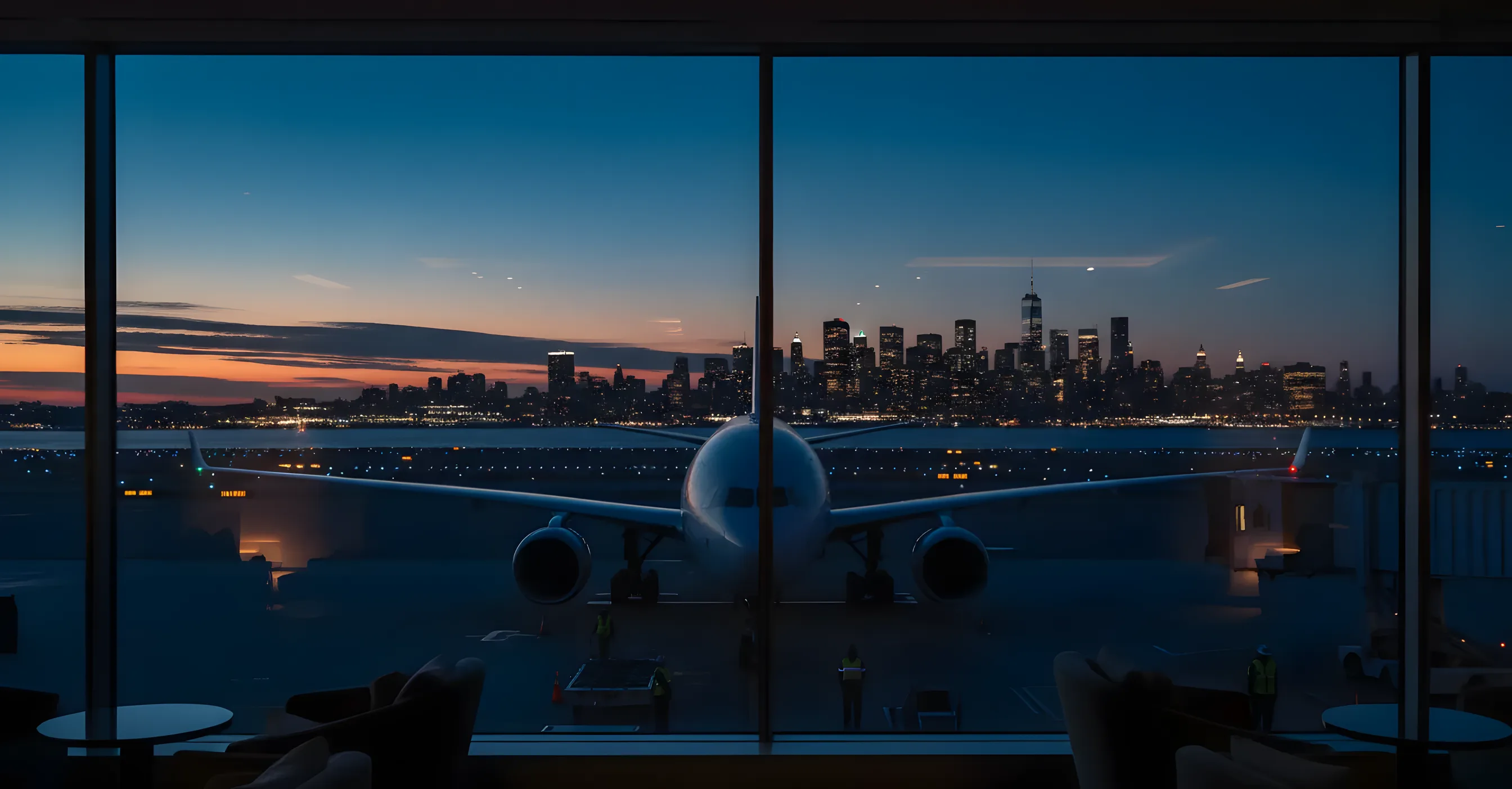 A passenger jet at an airport terminal gate at dusk, with a city skyline visible in the distance.