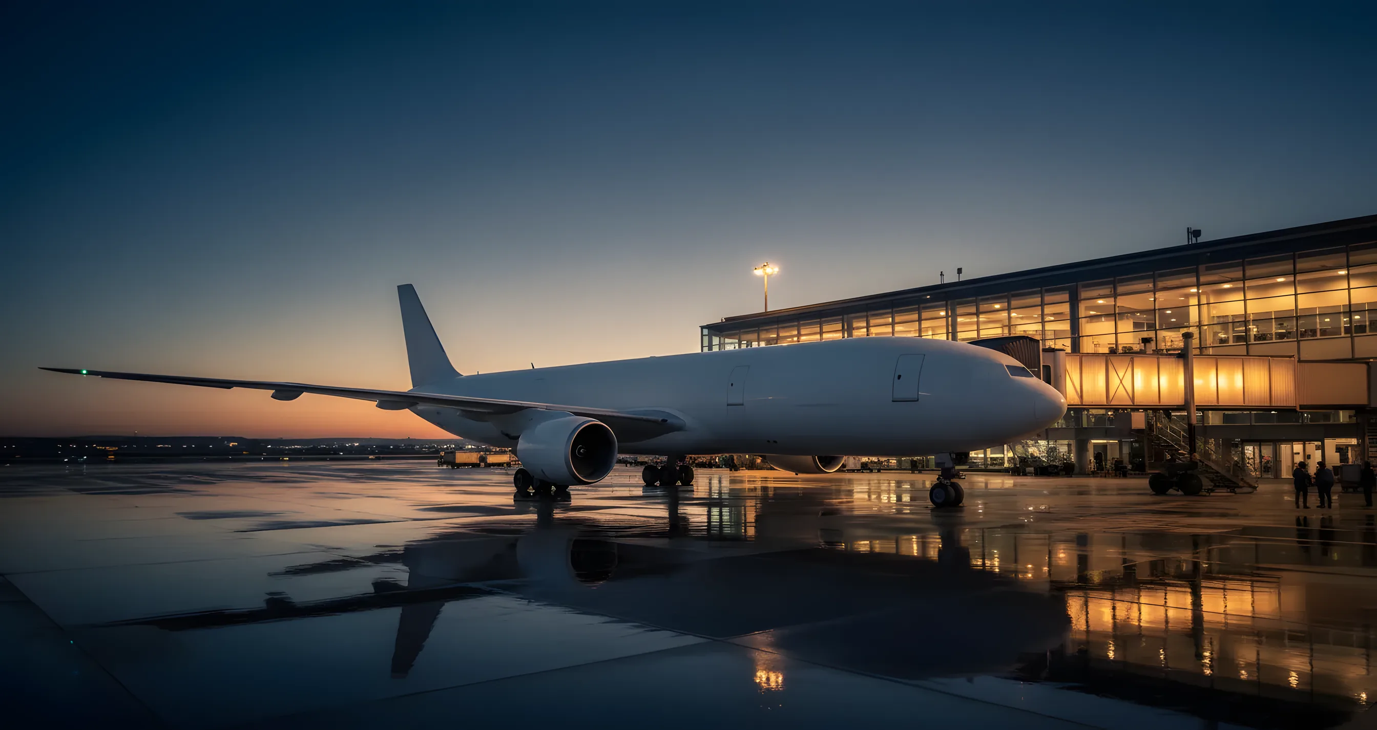 A plain white wide-body airliner at a terminal gate at blue hour.