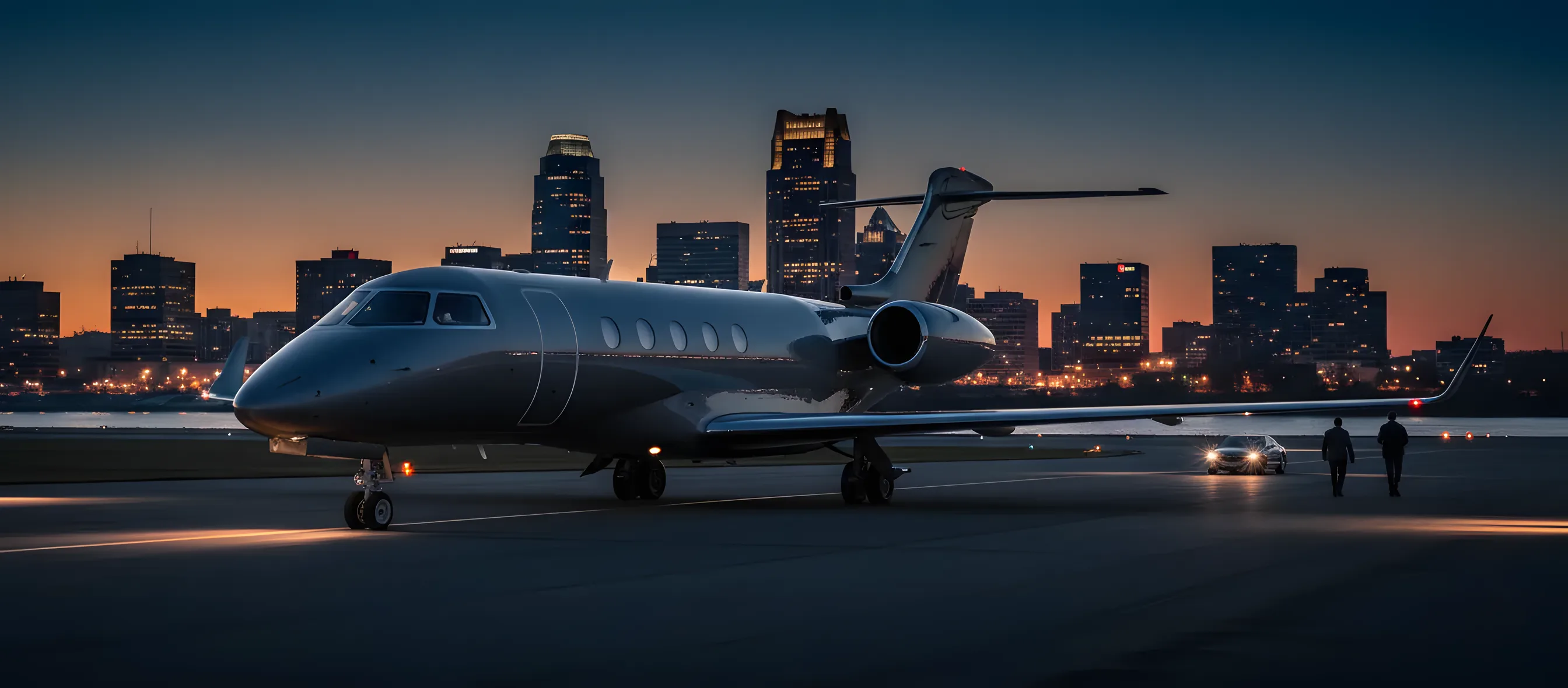 A private jet on an airfield at dusk with the Louisville skyline in the background.