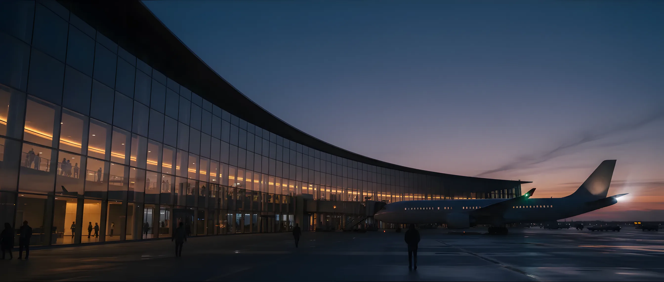 A modern airport terminal at dusk with a large passenger jet parked at the gate.